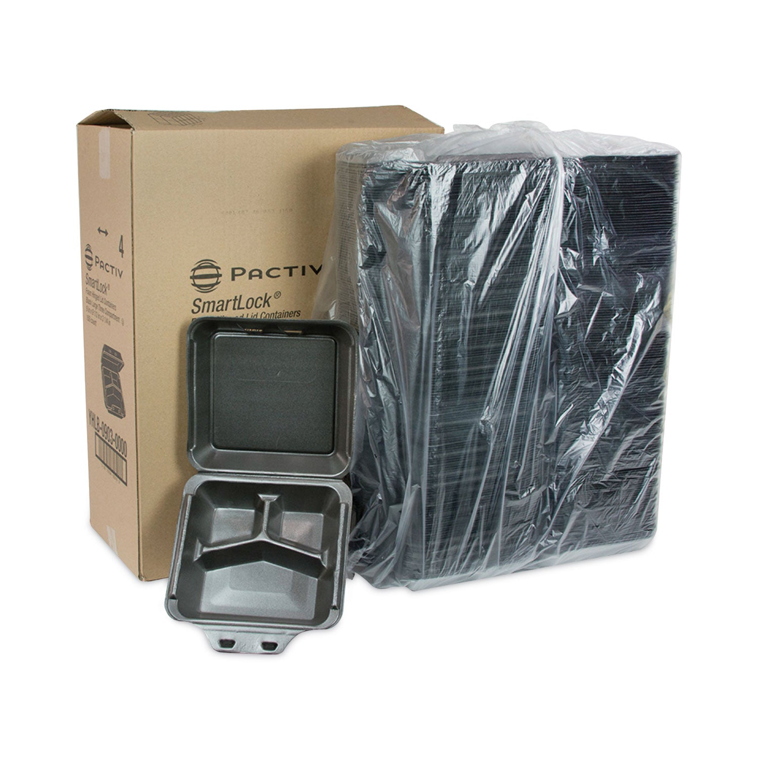 SmartLock Foam Hinged Lid Container, Large, 3 Compartments, 9 x 9.5 x 3.25, Black, 150/Carton