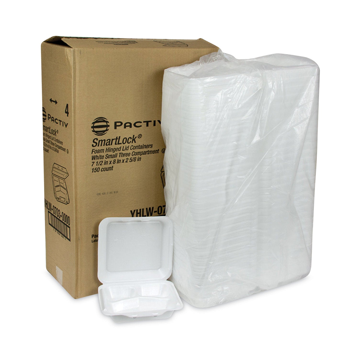 SmartLock Foam Hinged Lid Container, Small, 3 Compartments, 7.5 x 8 x 2.63, White, 150/Carton