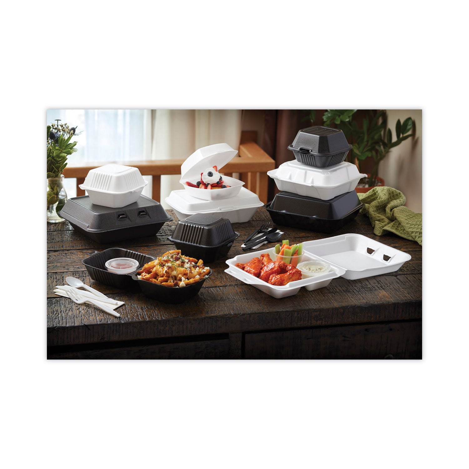 SmartLock Foam Hinged Lid Container, Medium, 3 Compartments, 8 x 8.5 x 3, White, 150/Carton