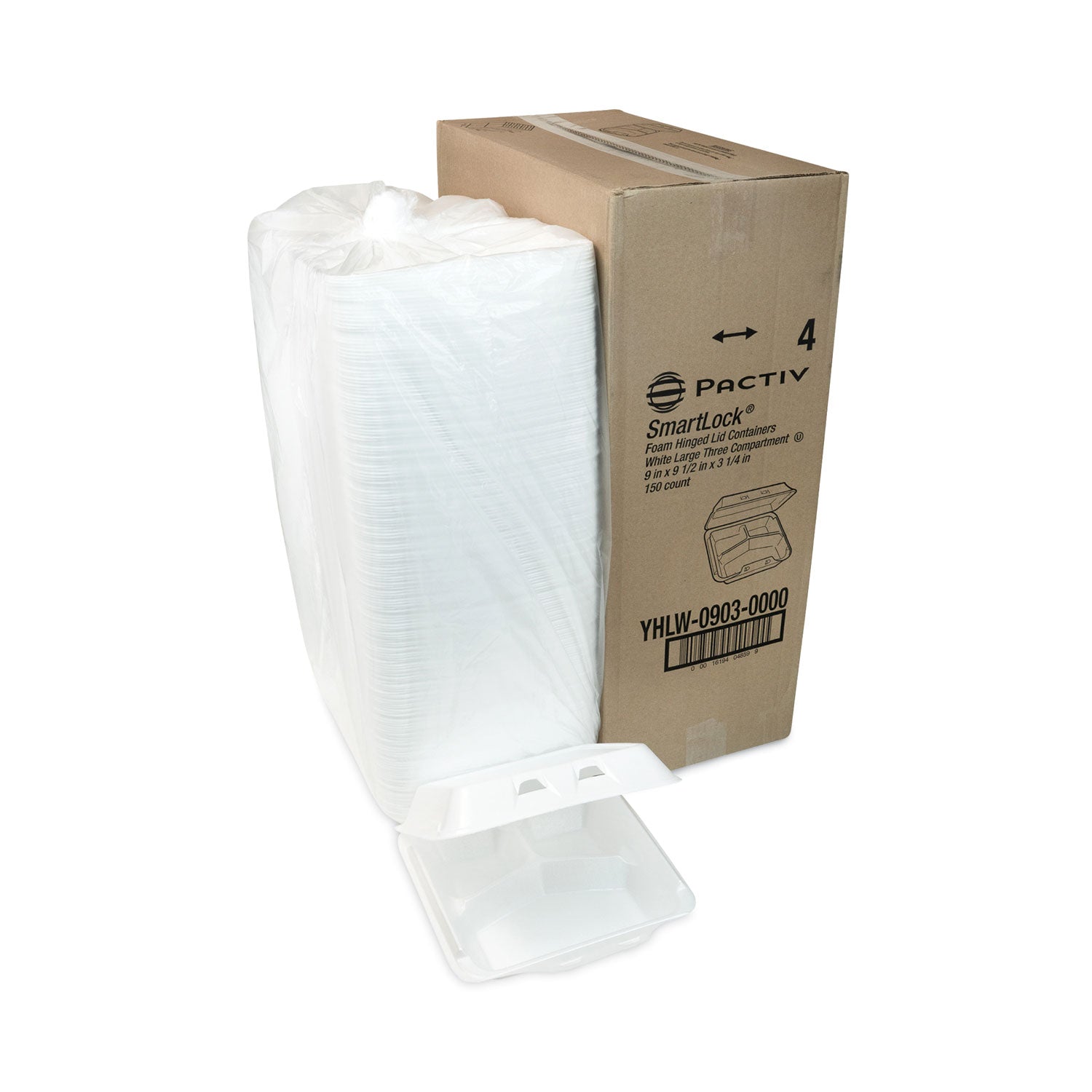 SmartLock Foam Hinged Lid Container, Large, 3 Compartments, 9 x 9.25 x 3.25, White, 150/Carton