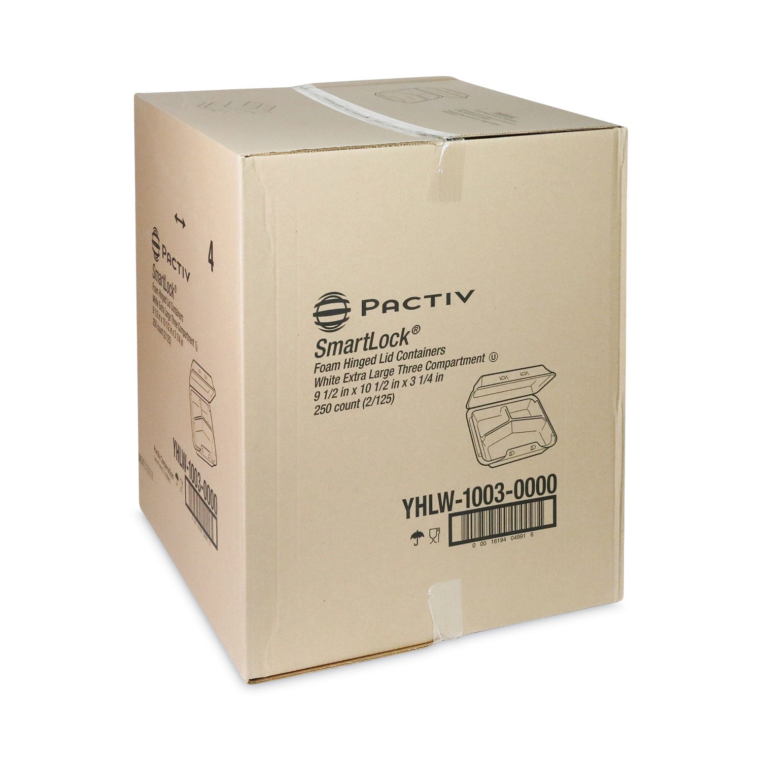 SmartLock Foam Hinged Lid Container, X-Large, 3 Compartments, 9.5 x 10.5 x 3.25, White, 250/Carton