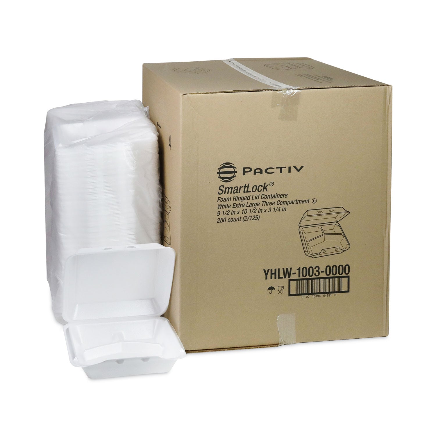 SmartLock Foam Hinged Lid Container, X-Large, 3 Compartments, 9.5 x 10.5 x 3.25, White, 250/Carton