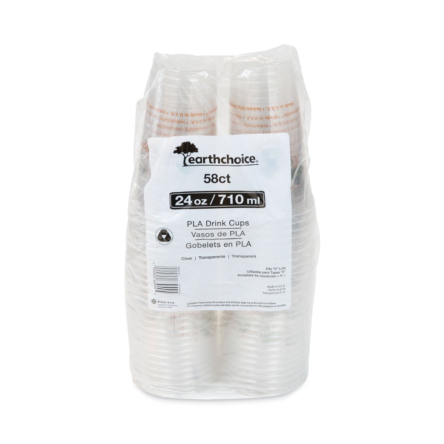 EarthChoice Compostable Cold Cup, 24 oz, Plastic, Clear/Printed, 580/Carton