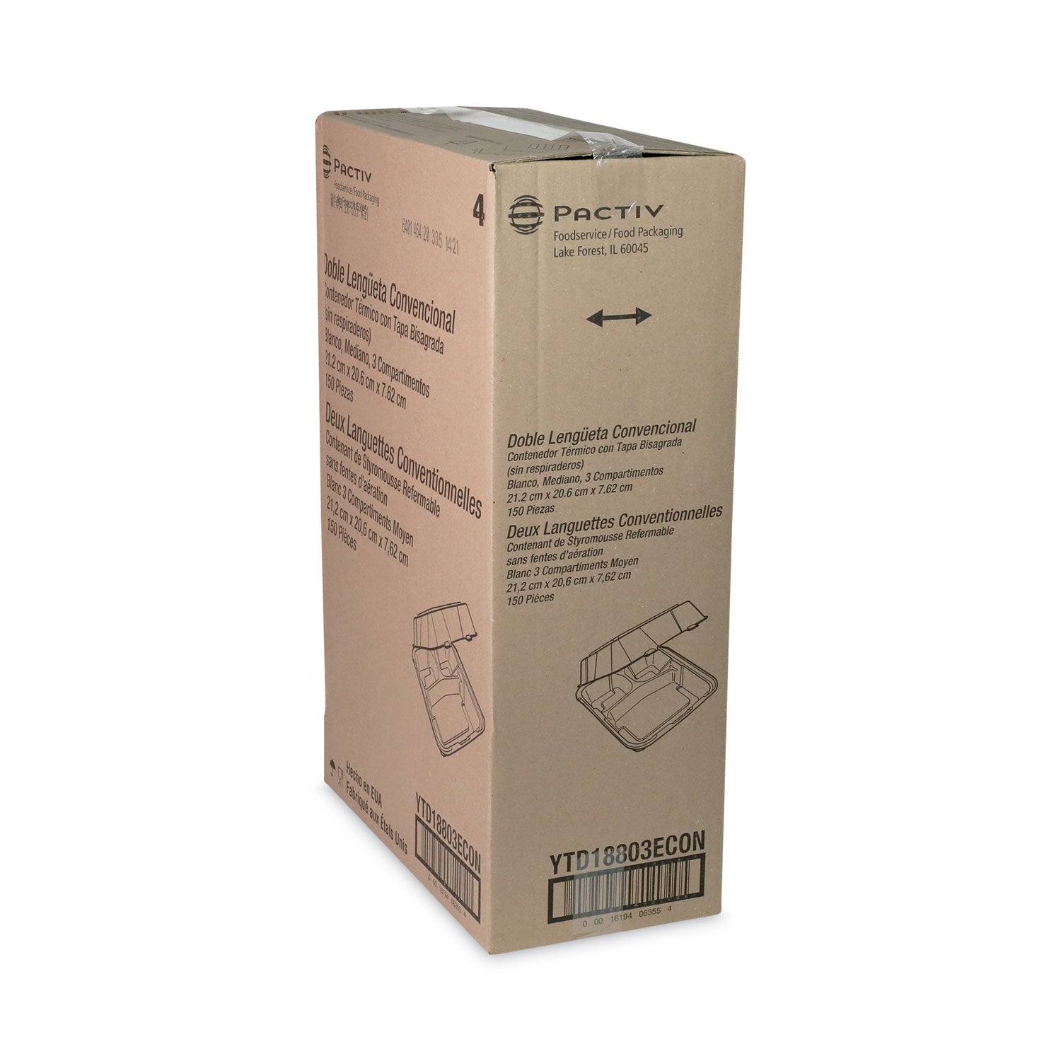 Vented Foam Hinged Lid Container, Dual Tab Lock Economy, 3 Compartments, 8.42 x 8.15 x 3, White, 150/Carton