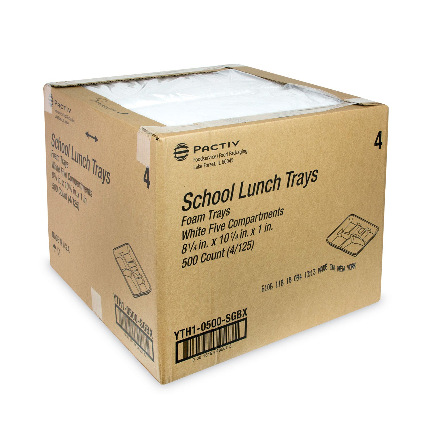 Foam School Trays, 5-Compartment Tray, 8.25 x 10.5 x 1, White, 500/Carton