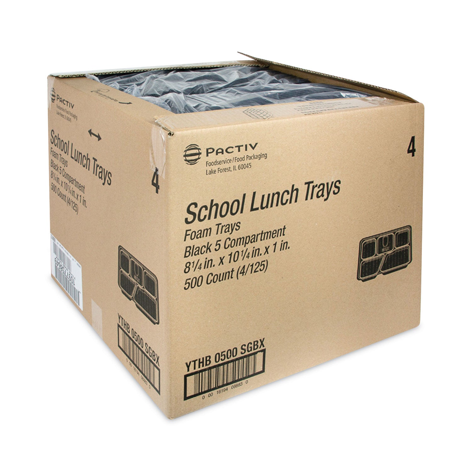 Foam School Trays, 5-Compartment Tray, 8.25 x 10.25 x 1, Black, 500/Carton