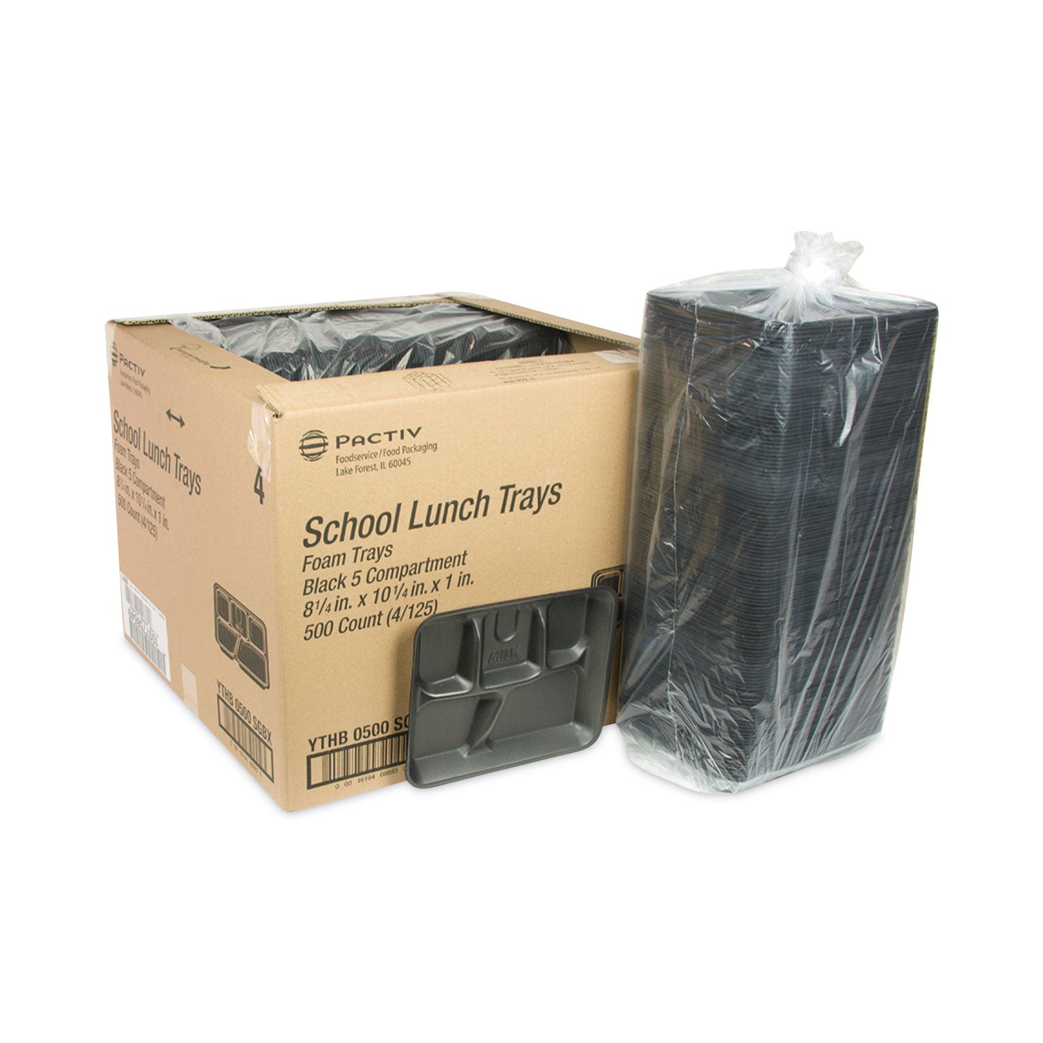 Foam School Trays, 5-Compartment Tray, 8.25 x 10.25 x 1, Black, 500/Carton