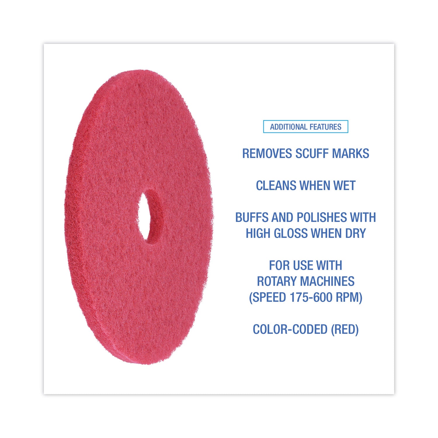 Buffing Floor Pads, 18" Diameter, Red, 5/carton