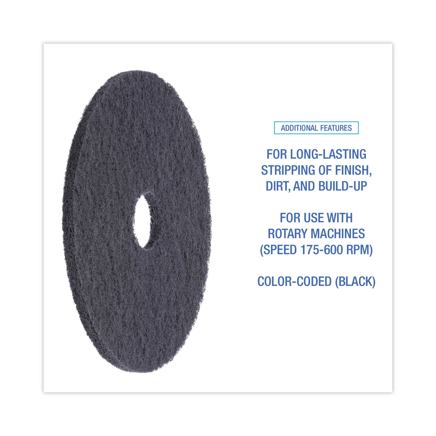 Stripping Floor Pads, 18" Diameter, Black, 5/carton