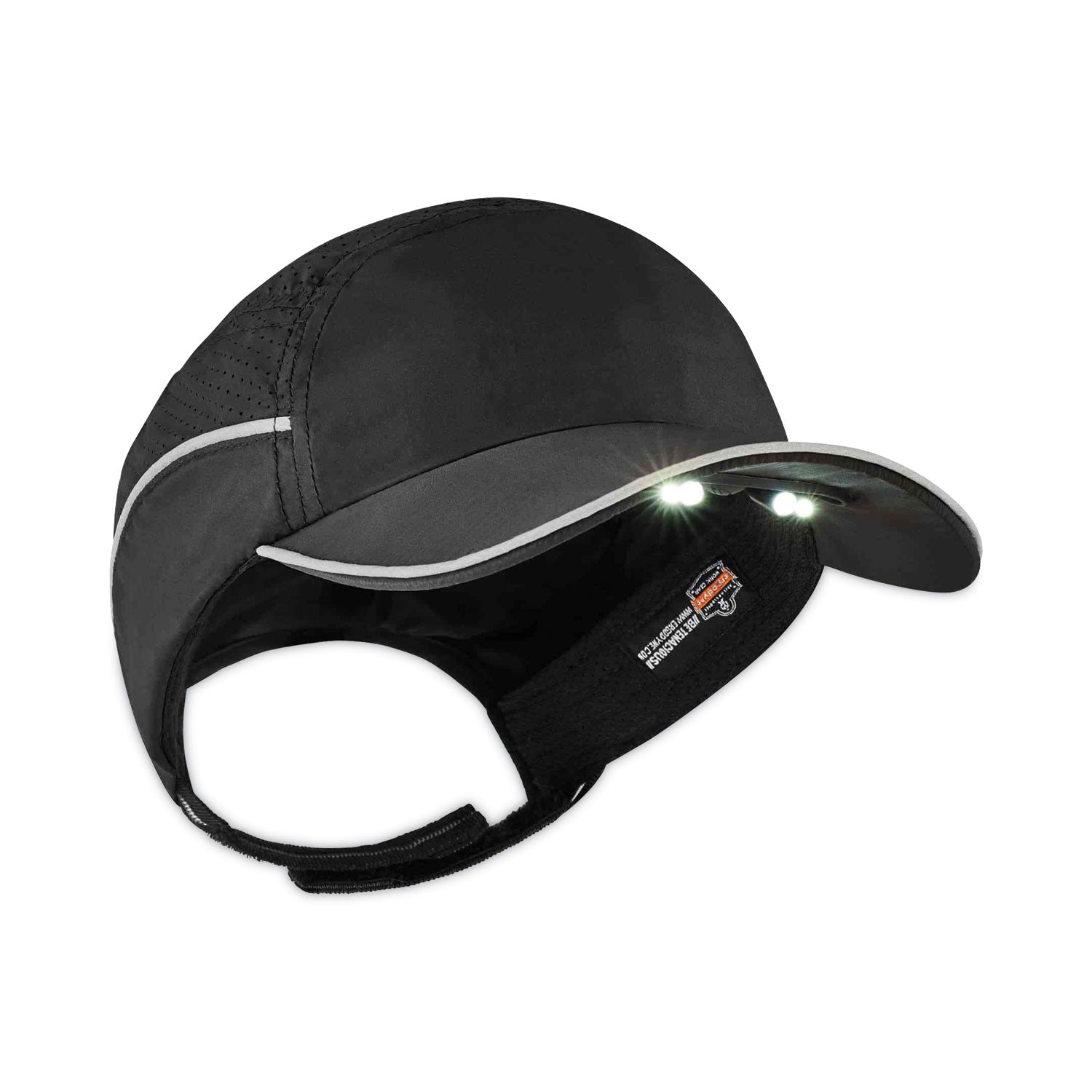 Ergodyne Skullerz 8965 Long Brim Cap with LED Light, Black, Nylon, Lightweight, Impact Resistant, Breathable, Removable, Washable, Antimicrobial, Reflective Strap, Includes 4 CR2032 Batteries, 1 Each