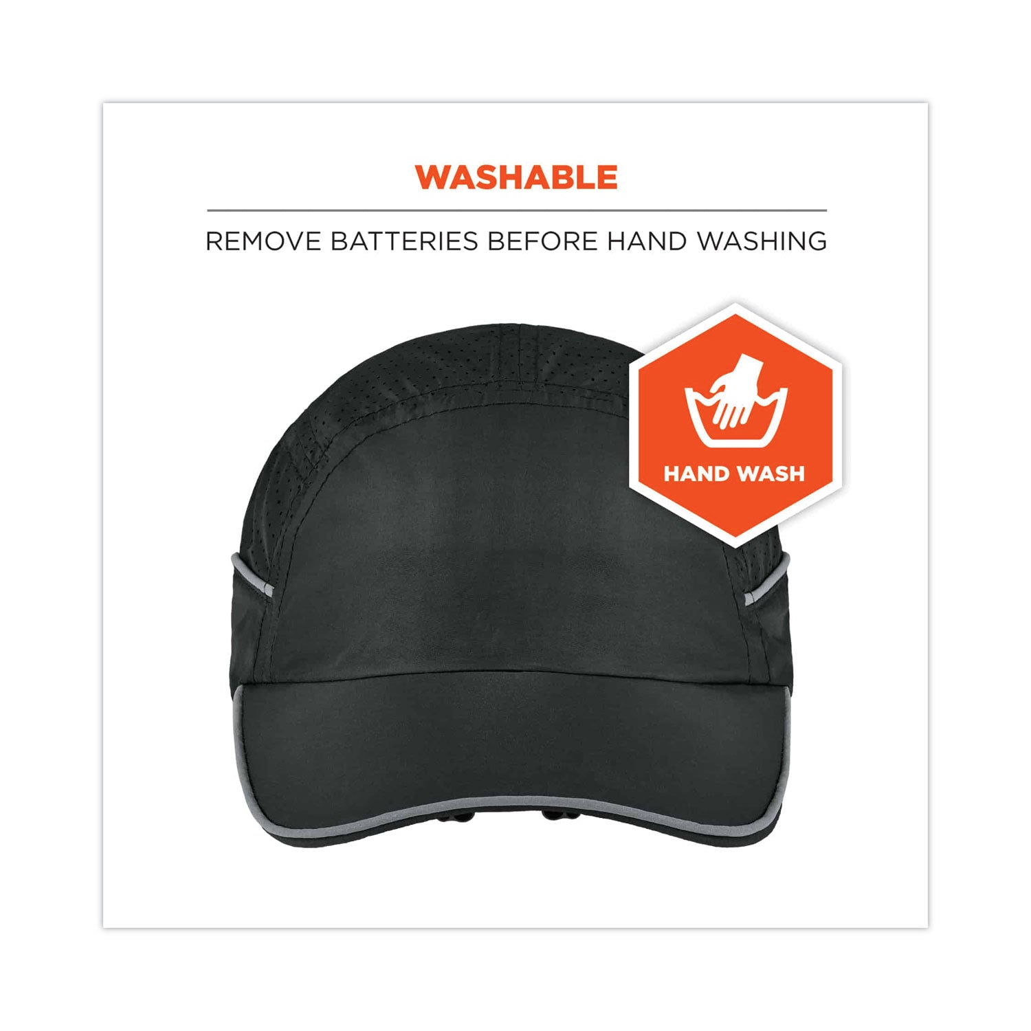 Ergodyne Skullerz 8965 Long Brim Cap with LED Light, Black, Nylon, Lightweight, Impact Resistant, Breathable, Removable, Washable, Antimicrobial, Reflective Strap, Includes 4 CR2032 Batteries, 1 Each