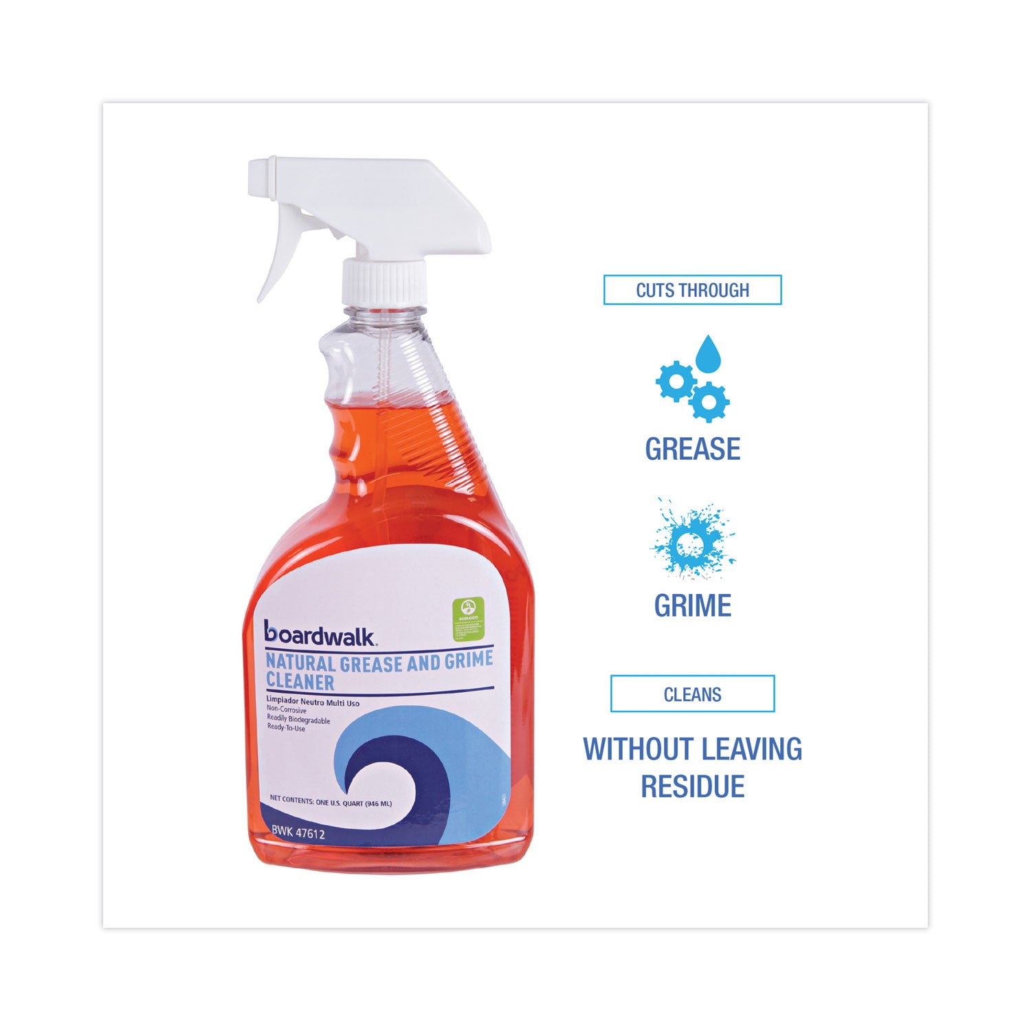Natural Grease and Grime Cleaner, Unscented, 32 oz Spray Bottle, 12/Carton