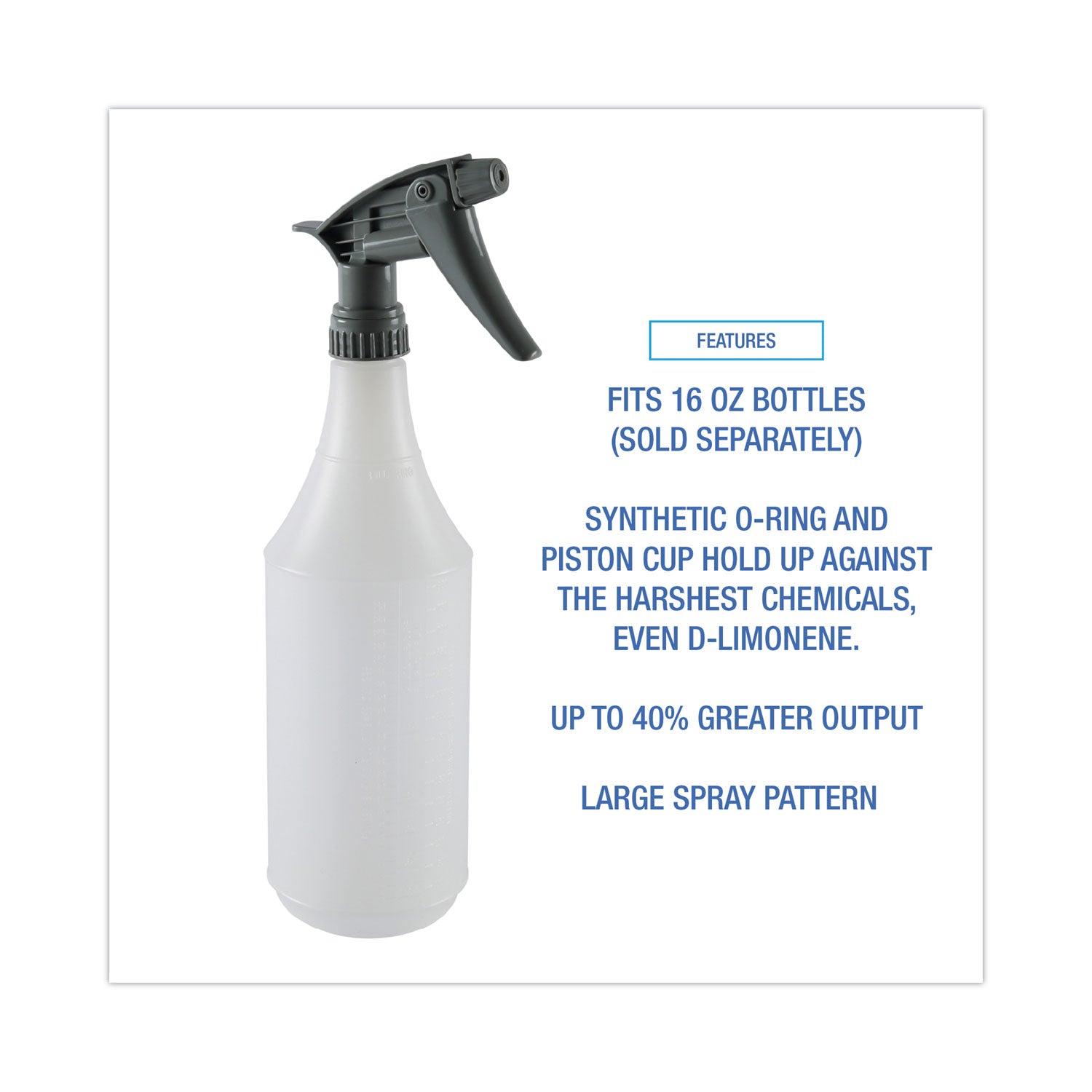 Chemical-Resistant Trigger Sprayer 320CR, 7.25" Tube, Fits 16 oz Bottles, Gray, 24/Carton
