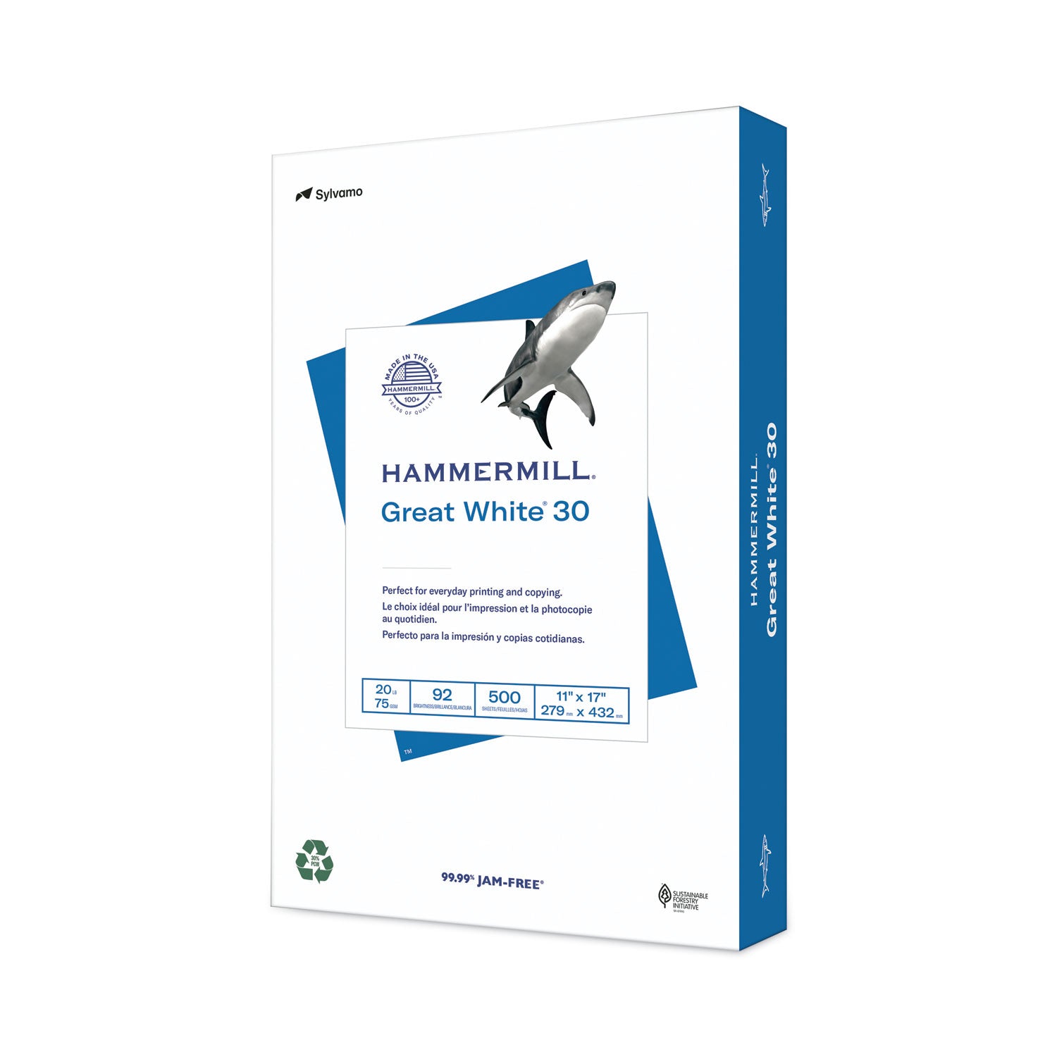 Hammermill Great White Recycled Copy Paper - White - 92 Brightness - 11" x 17" - 20 lb Basis Weight - Acid-free, Moisture Resistant, Archival-safe, Jam-free - White - 500 / Ream