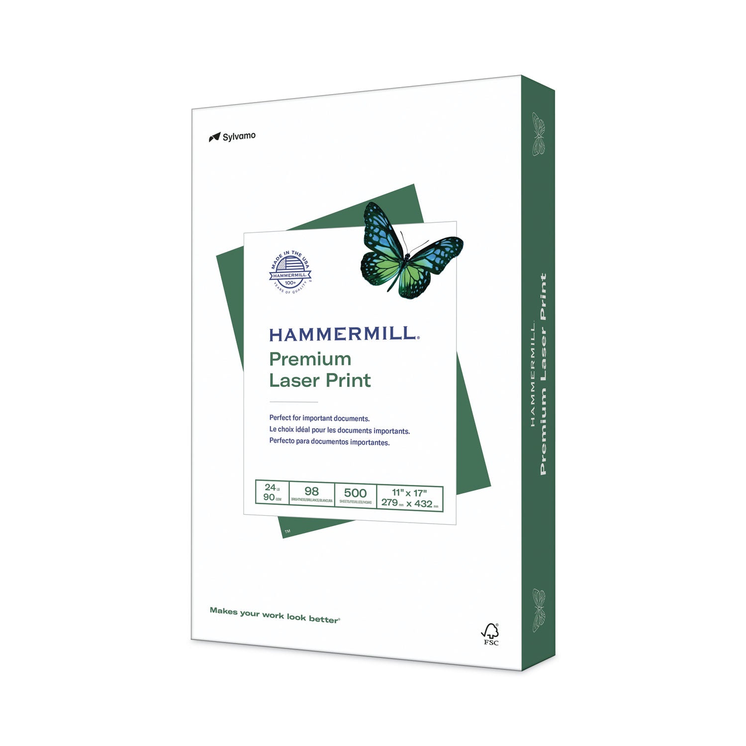 Hammermill Premium Laser Print Paper - White - 98 Brightness - Ledger/Tabloid - 11" x 17" - 24 lb Basis Weight - Ultra Smooth - Sustainable Forestry Initiative (SFI) - White - 500 / Pack