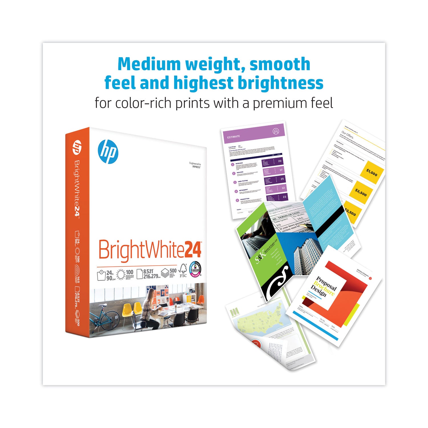 HP Papers BrightWhite24 Office Paper - White