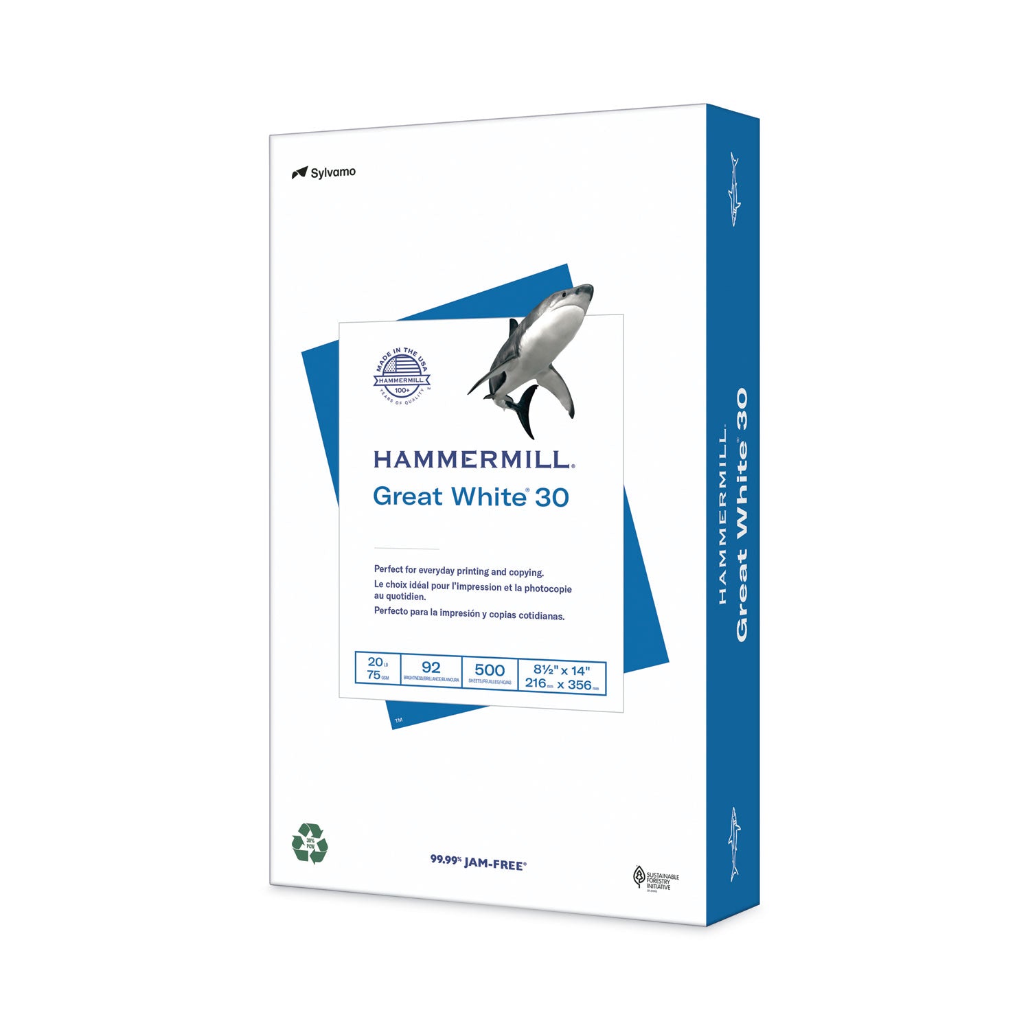 Hammermill Great White Recycled Copy Paper - White - 92 Brightness - Legal - 8 1/2" x 14" - 20 lb Basis Weight - Acid-free, Moisture Resistant, Archival-safe, Jam-free - White - 500 / Ream