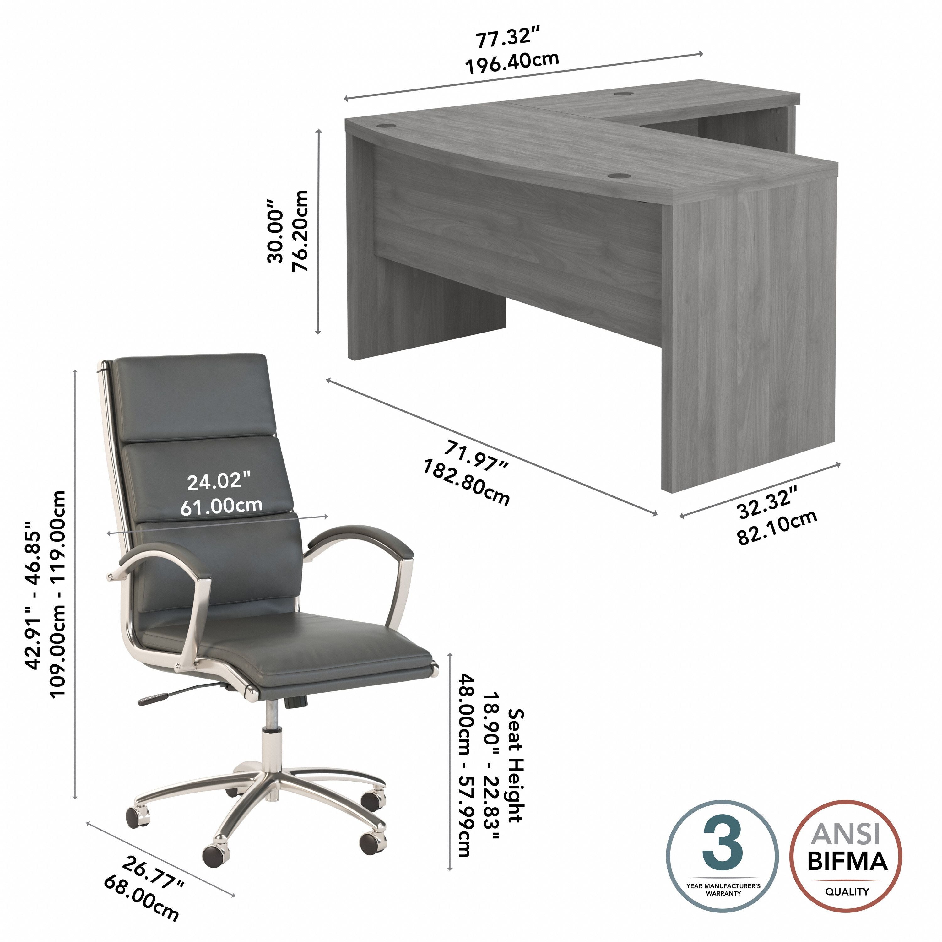 Bush Business Furniture Echo 72W Bow Front L Shaped Desk and Chair Set in Modern Gray - 71.97" Width x 77.32" Depth x 42.91" Height