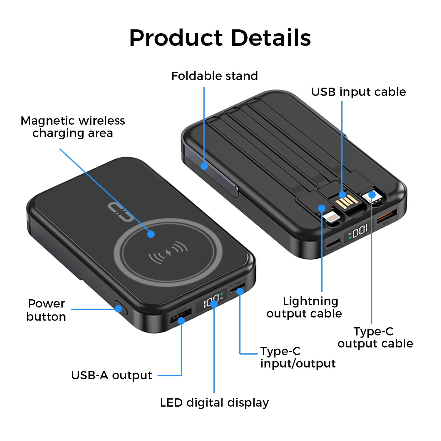 10,000mAh Magnetic Wireless Power Bank with Metal Stand + Built-in Cables, Black