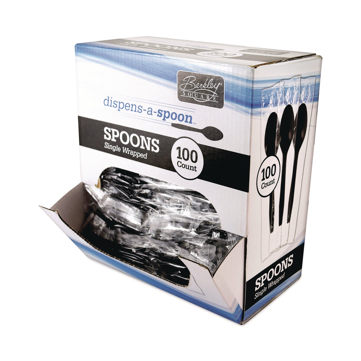 Dispens-a Spoon, Individually Wrapped, Mediumweight Spoon, Plastic, Black, 100/Box