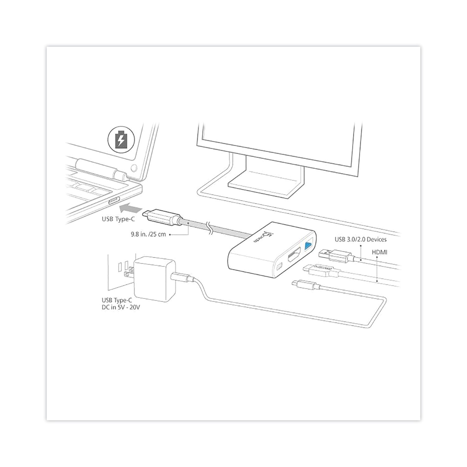 USB-C to HDMI/USB Adapter, 7.87", White