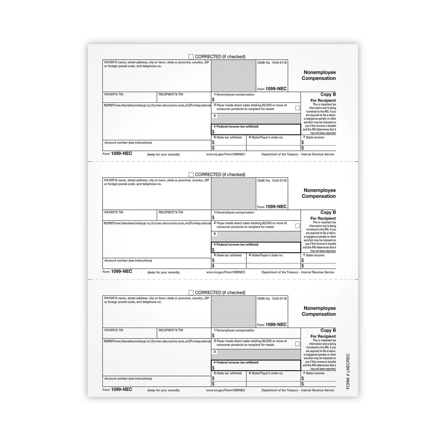1099-NEC Tax Forms, Fiscal Year: 2021, One-Part (No Copies), 8.5 X 3.67, 3 Forms/Sheet, 50 Forms Total