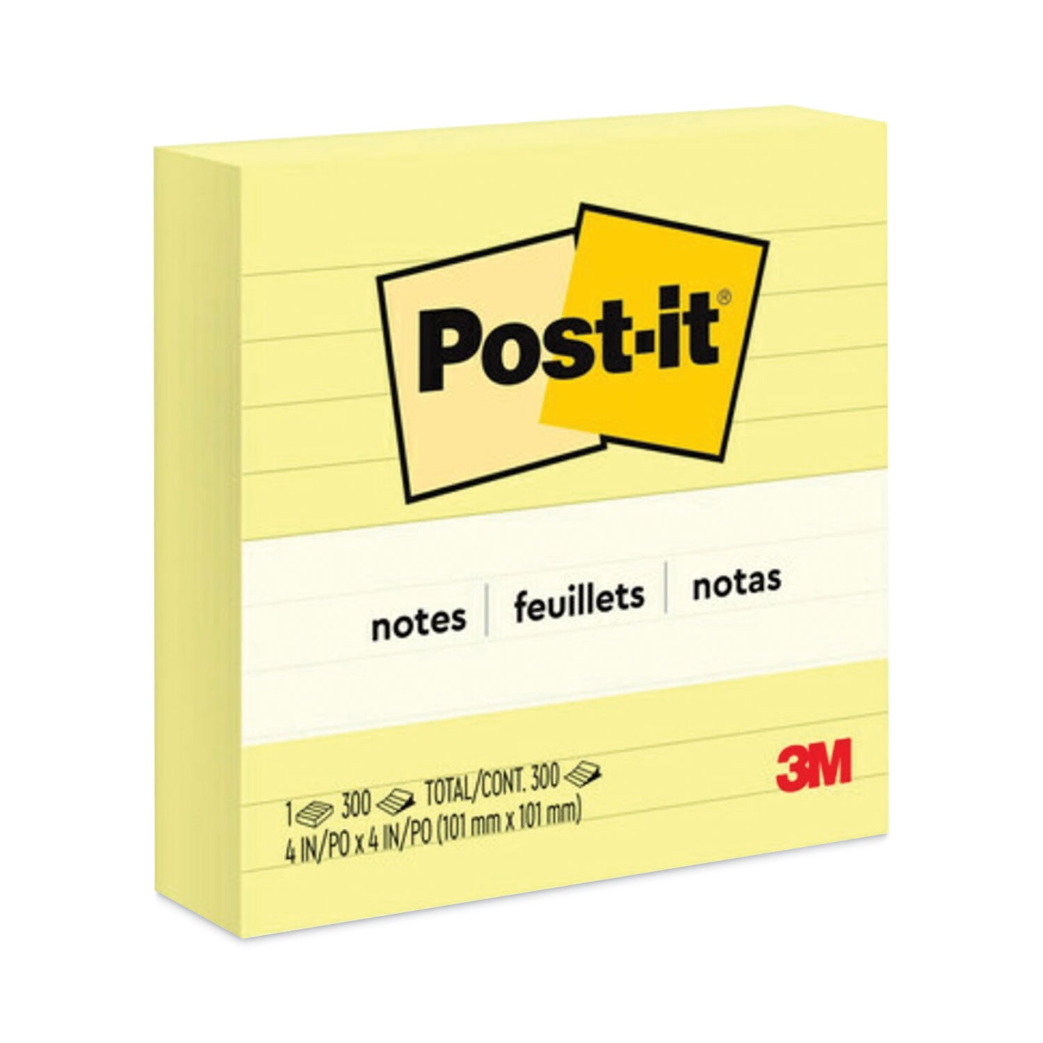 Post-it&reg; Lined Notes - 300 - 4" Flag/Note Width x 4" Flag/Note Length - Square - 300 Sheets per Pad - Ruled - Canary Yellow - Paper - Recyclable - 1 Pad