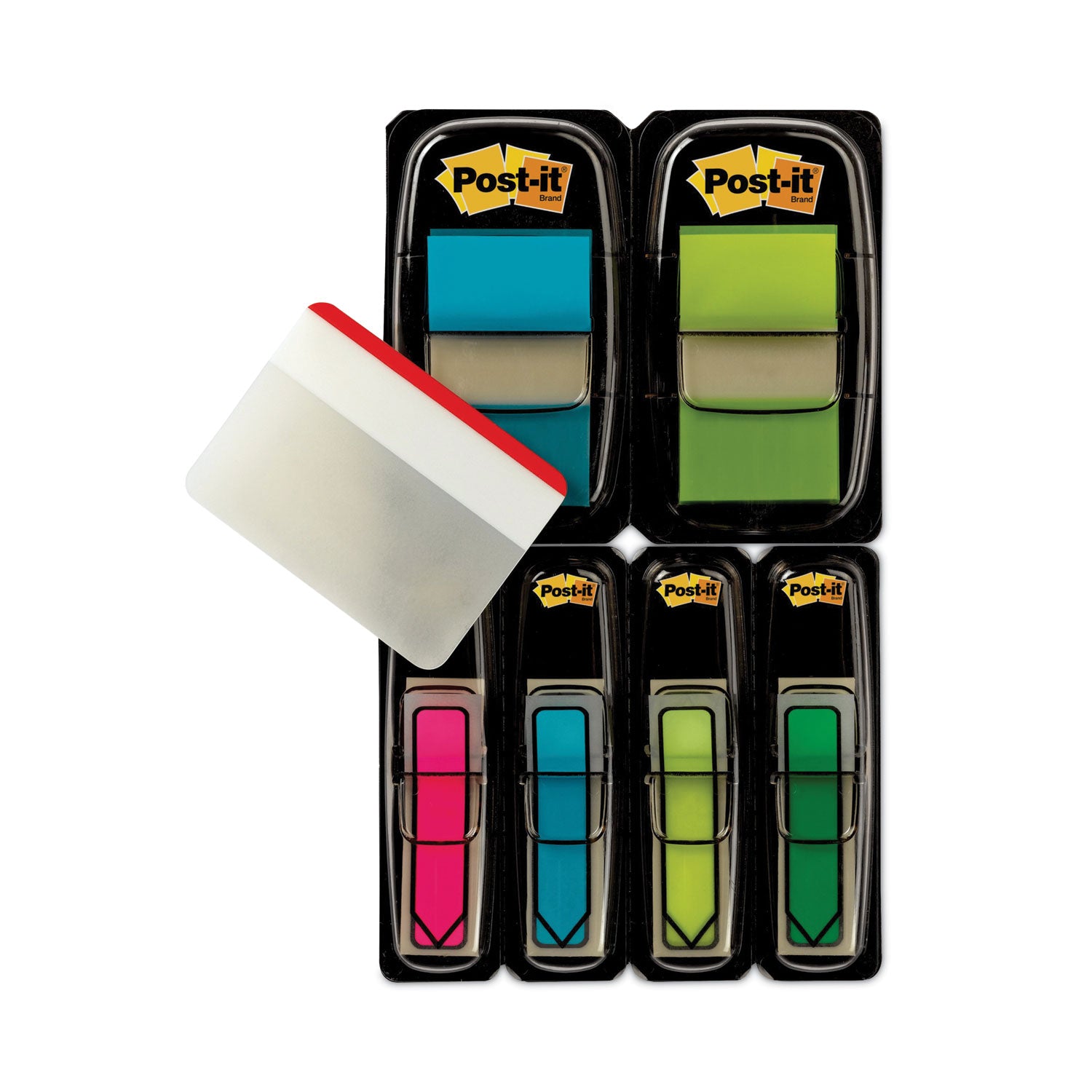 484 - 1" Flag/Note Width x 1 1/2" Flag/Note Length, 1/2" Flag/Note Width x 1 1/2" Flag/Note Length - Rectangle, Arrow - Unruled - Blue, Yellow, Yellow, Green, Pink, Assorted - Self-adhesive, Removable - Dispenser Included - 1 Pack