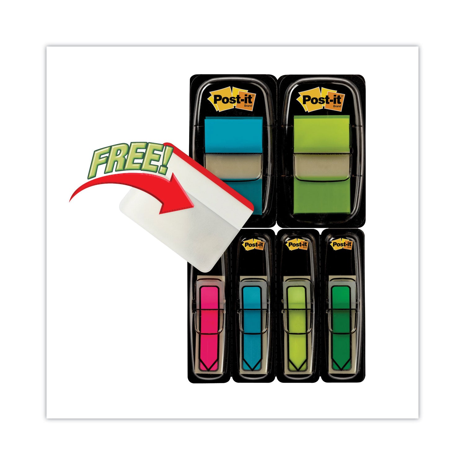 484 - 1" Flag/Note Width x 1 1/2" Flag/Note Length, 1/2" Flag/Note Width x 1 1/2" Flag/Note Length - Rectangle, Arrow - Unruled - Blue, Yellow, Yellow, Green, Pink, Assorted - Self-adhesive, Removable - Dispenser Included - 1 Pack