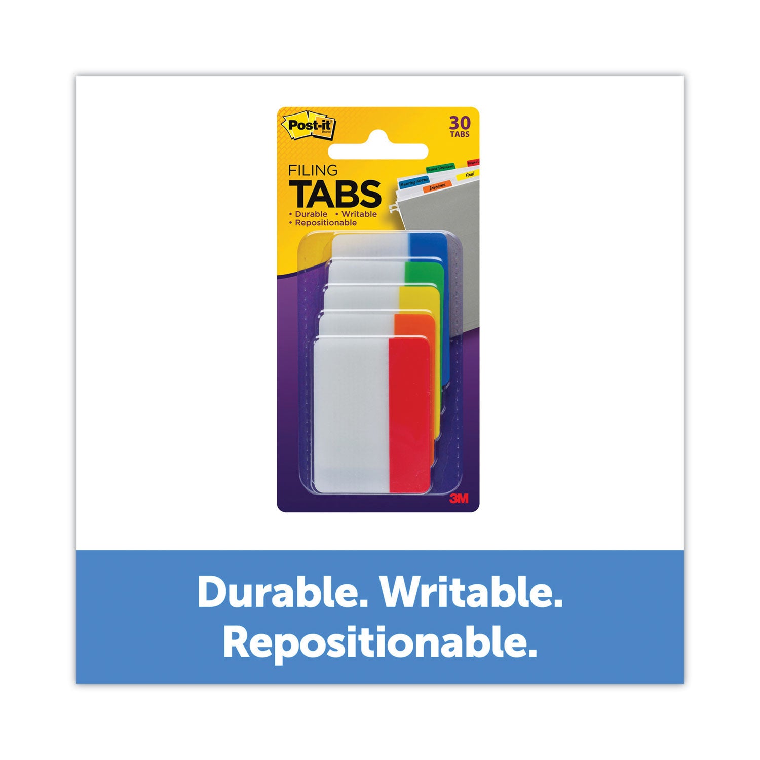 Post-it&reg; Tabs - Write-on Tab(s) - 2" Tab Width - Red, Orange, Yellow, Green, Blue Tab(s) - Removable, Durable, Repositionable, Customizable, Writable, Wear Resistant, Tear Resistant - 30 / Pack