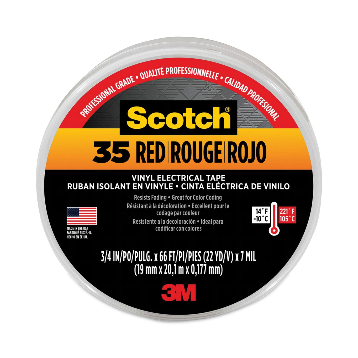 Scotch Insulating Tape - 22 yd Length x 0.75" Width - 3" Core - Red - Vinyl - Polyvinyl Chloride (PVC) Backing - Rubber Adhesive - For Identifying, Color Coding, Pipe, Electrical, Marking, Insulating - 1 Roll