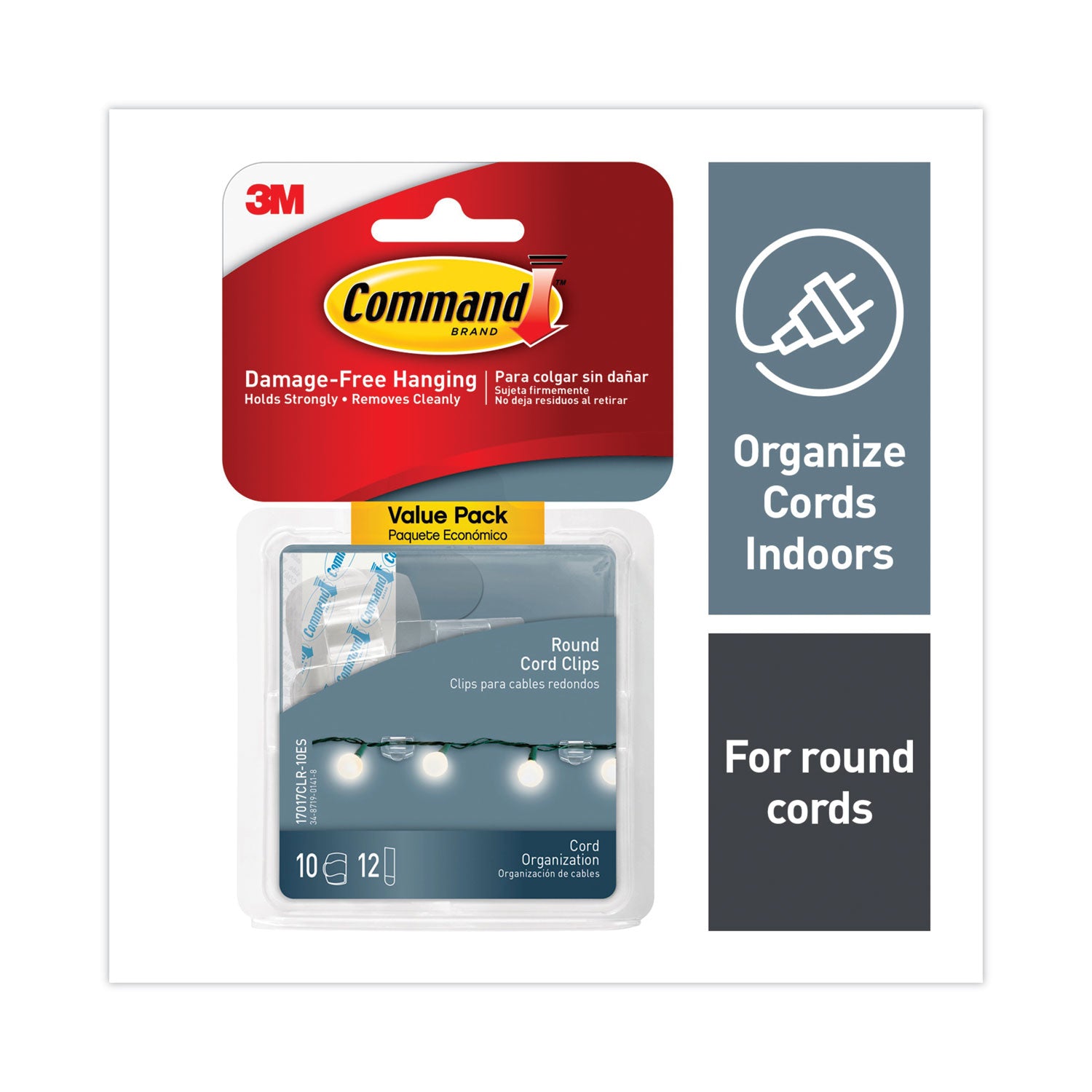 Cord Clip With Adhesive, Round, 0.75"W, Clear, 10/Pack