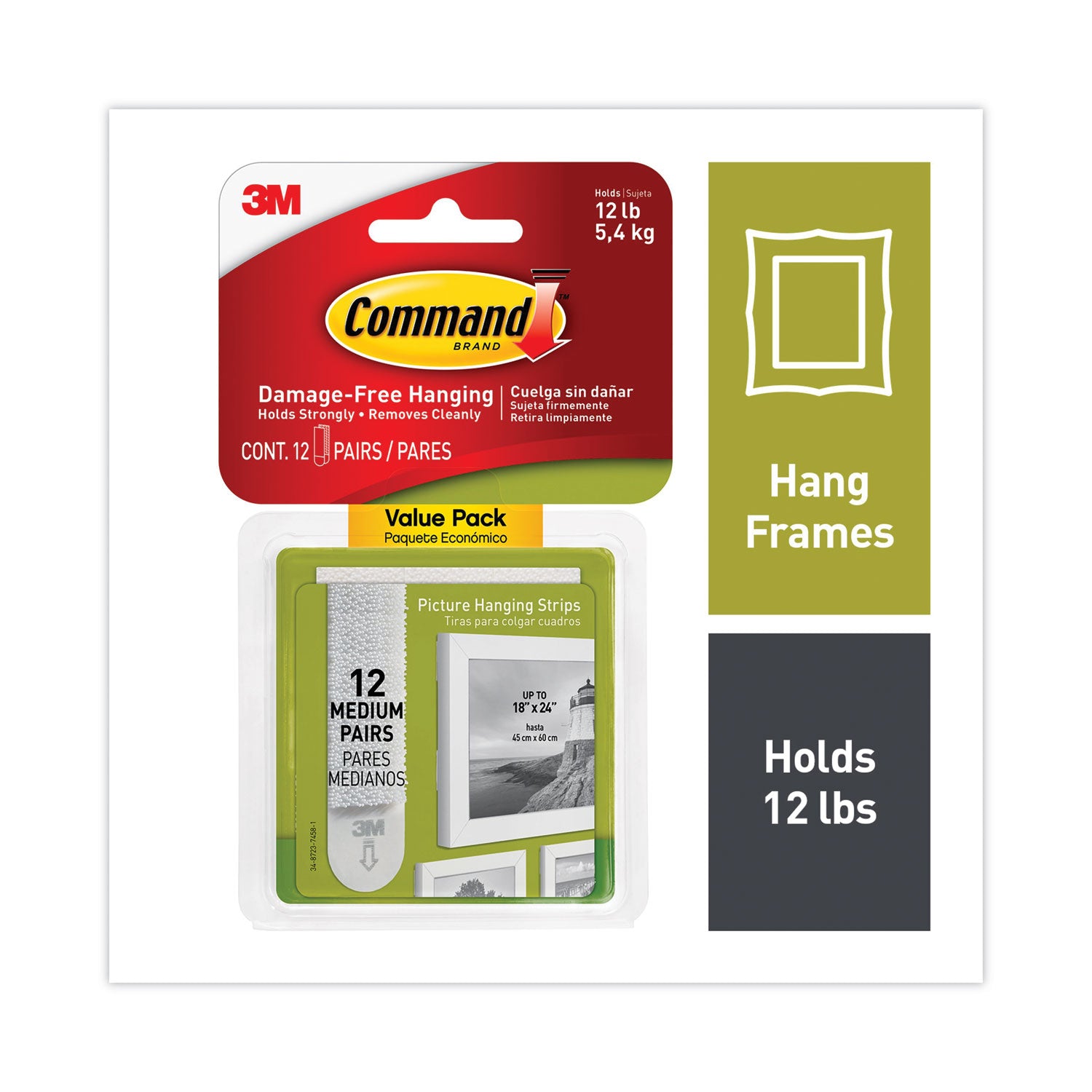 12 lb (5.44 kg) Capacity - Adhesive - Medium - for Pictures, Decoration, Painted Surface, Wood, Tile, Frame - White - 12 / Pack