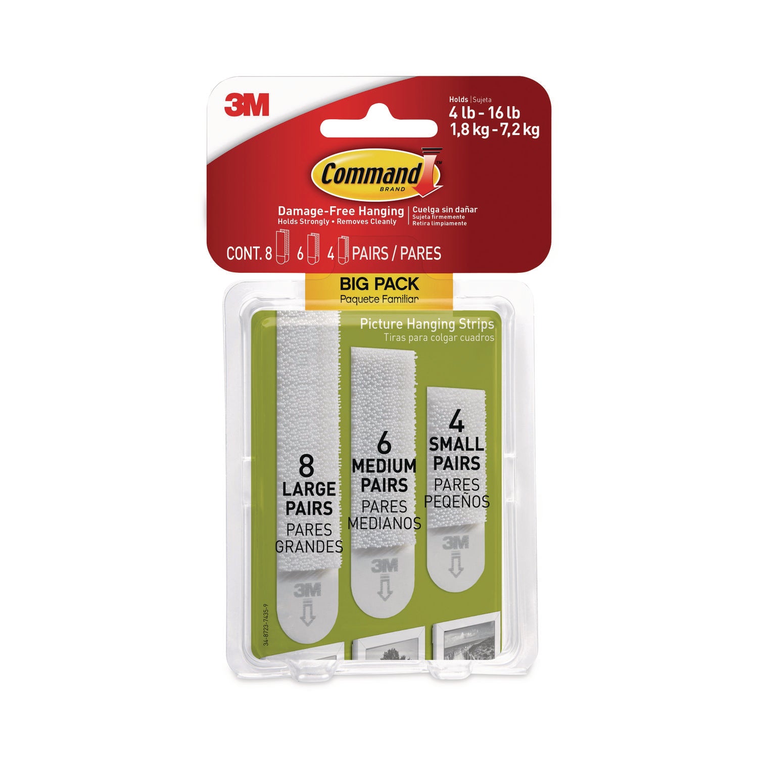 Picture Hanging Strips Big Pack, Removable, (4) Small, (6) Medium, (8) Large, White, 18 Pairs/pack