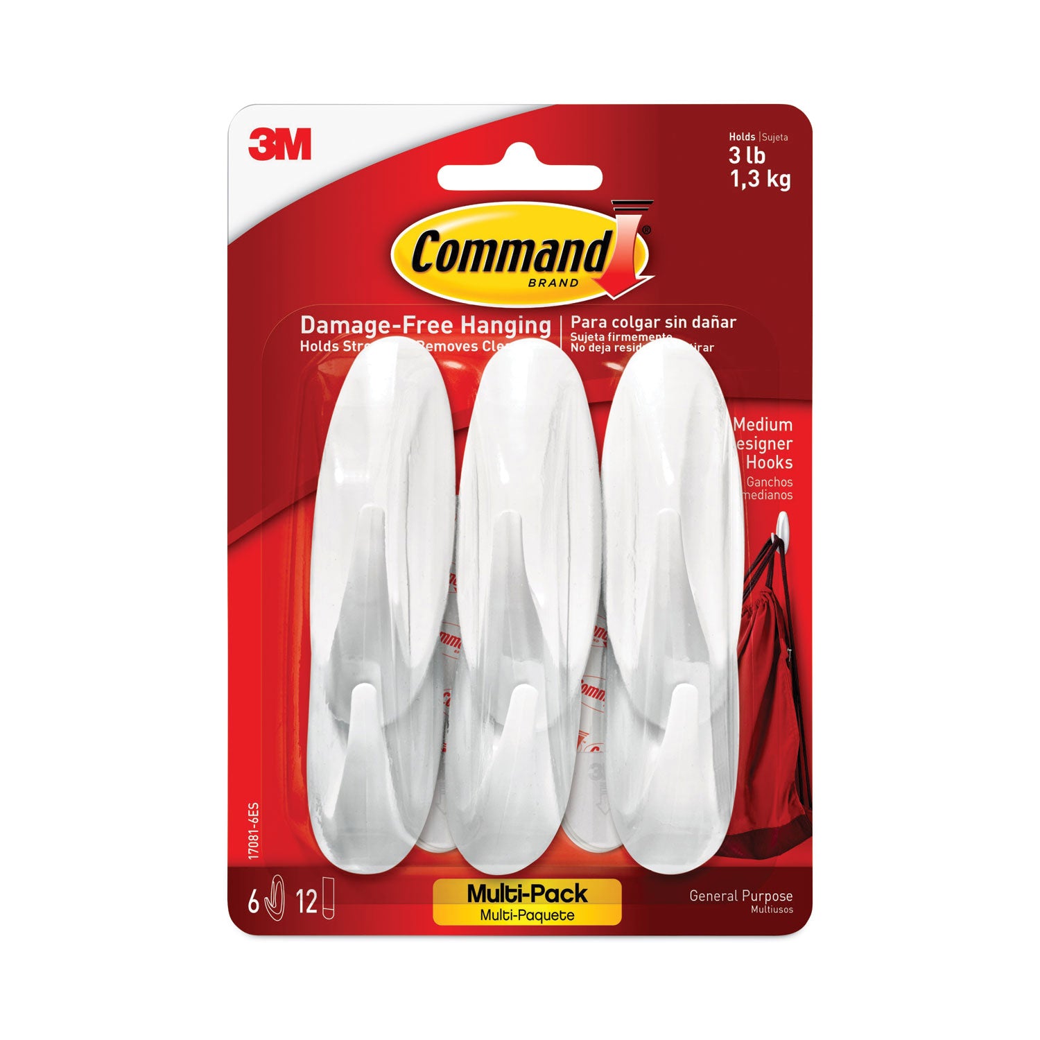 6 Hooks - 3 lb (1.36 kg) Capacity - Reusable - Adhesive - Medium - for Painted Surface, Wood, Tile, General Purpose - Plastic - White - 6 / Pack