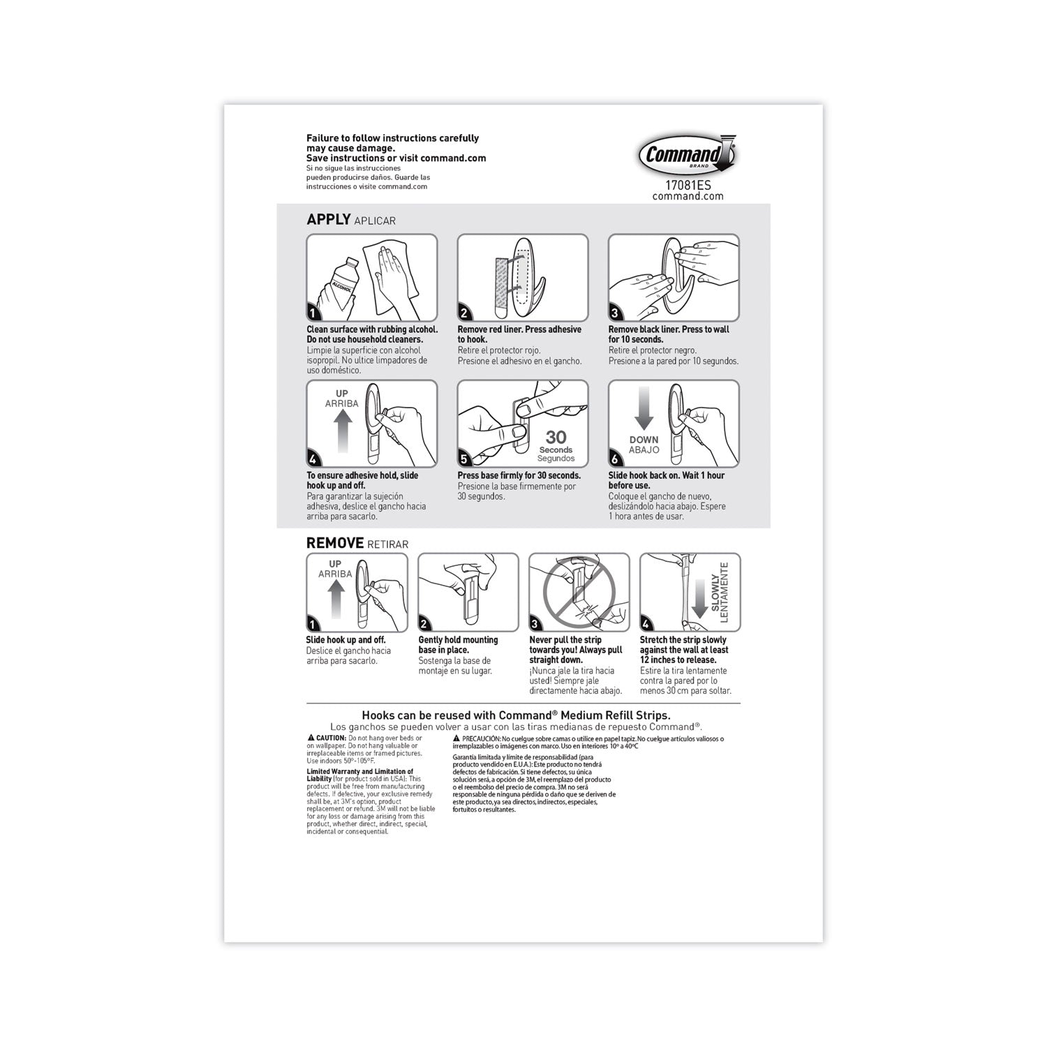 6 Hooks - 3 lb (1.36 kg) Capacity - Reusable - Adhesive - Medium - for Painted Surface, Wood, Tile, General Purpose - Plastic - White - 6 / Pack