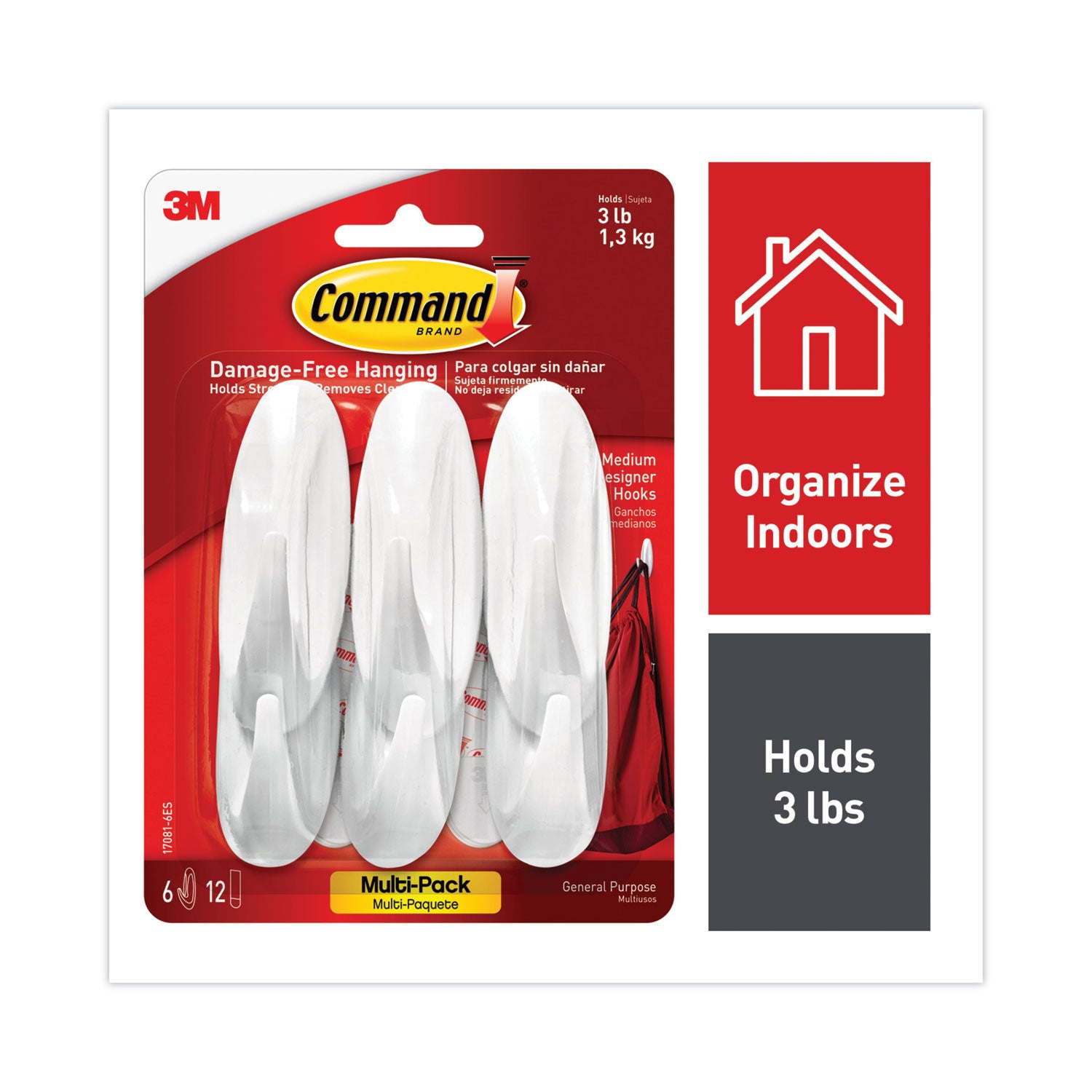 6 Hooks - 3 lb (1.36 kg) Capacity - Reusable - Adhesive - Medium - for Painted Surface, Wood, Tile, General Purpose - Plastic - White - 6 / Pack