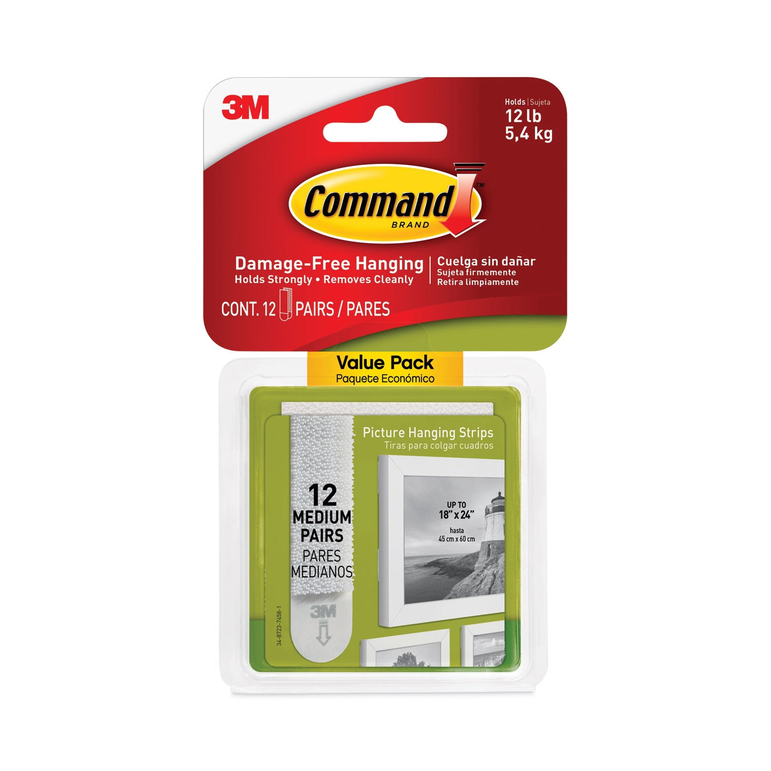 12 lb (5.44 kg) Capacity - Adhesive - Medium - for Pictures, Decoration, Painted Surface, Wood, Tile, Frame - White - 12 / Pack