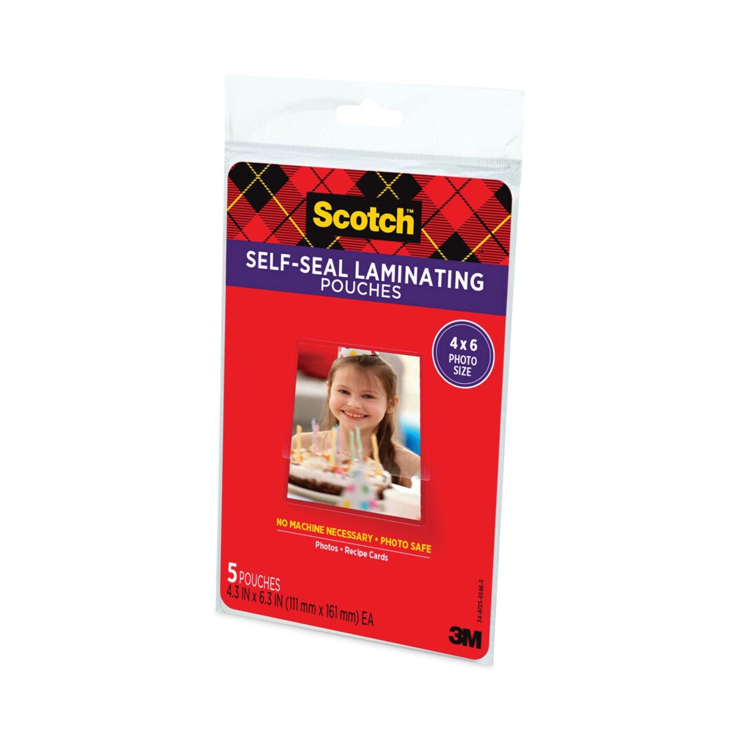 Scotch Self-sealing Photo Laminating Sheets, 4.3" x 6.3", 9.5 mil, Thick Gloss, Acid-free, Photo-safe, Double Sided, Clear, 5/Pack