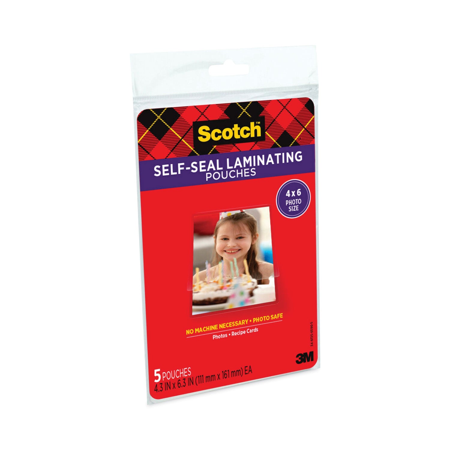 Scotch Self-sealing Photo Laminating Sheets, 4.3" x 6.3", 9.5 mil, Thick Gloss, Acid-free, Photo-safe, Double Sided, Clear, 5/Pack