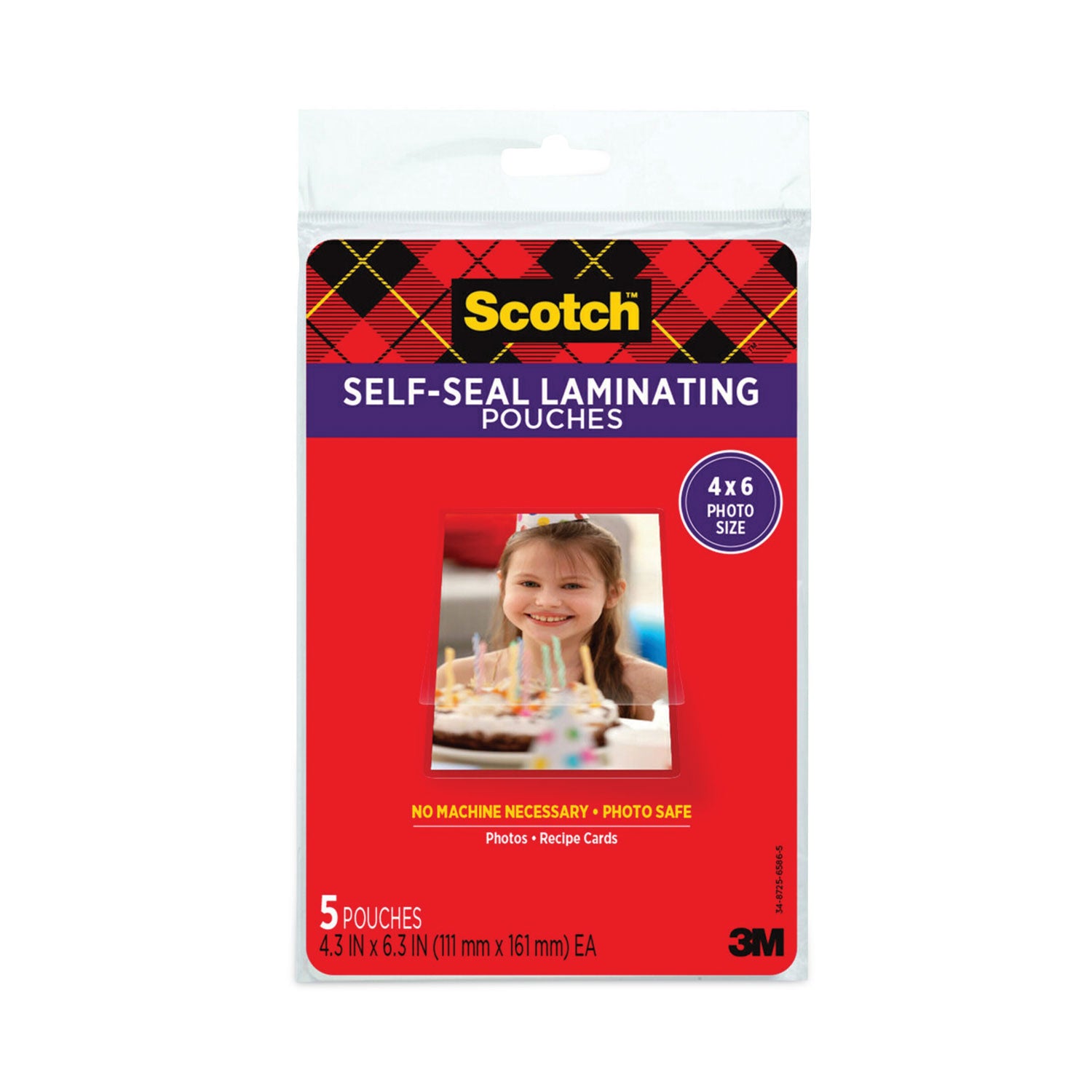 Scotch Self-sealing Photo Laminating Sheets, 4.3" x 6.3", 9.5 mil, Thick Gloss, Acid-free, Photo-safe, Double Sided, Clear, 5/Pack
