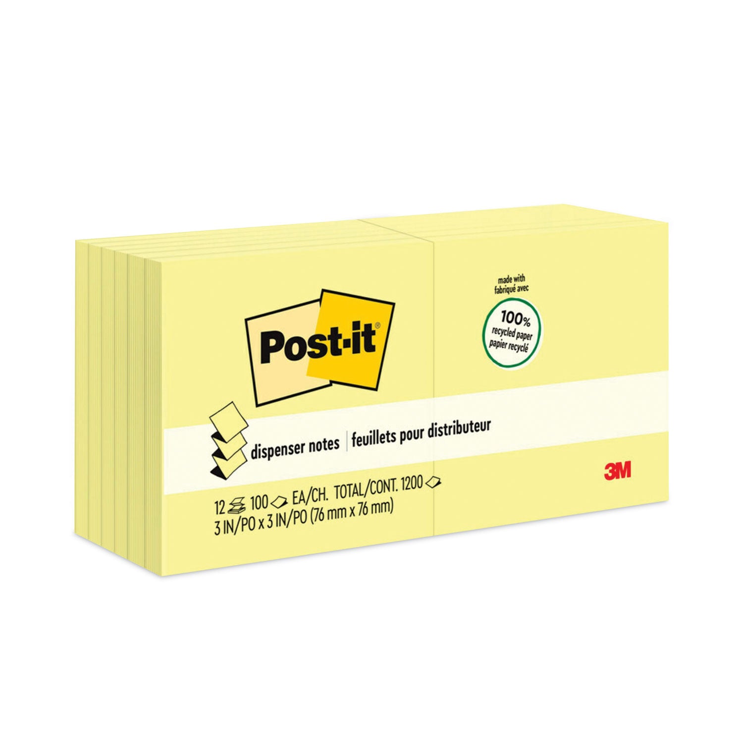 Post-it&reg; Greener Dispenser Notes - 1200 - 3" Flag/Note Width x 3" Flag/Note Length - Square - 100 Sheets per Pad - Unruled - Yellow - Paper - Self-adhesive, Repositionable, Non-smearing - Recycled - 1 Pack