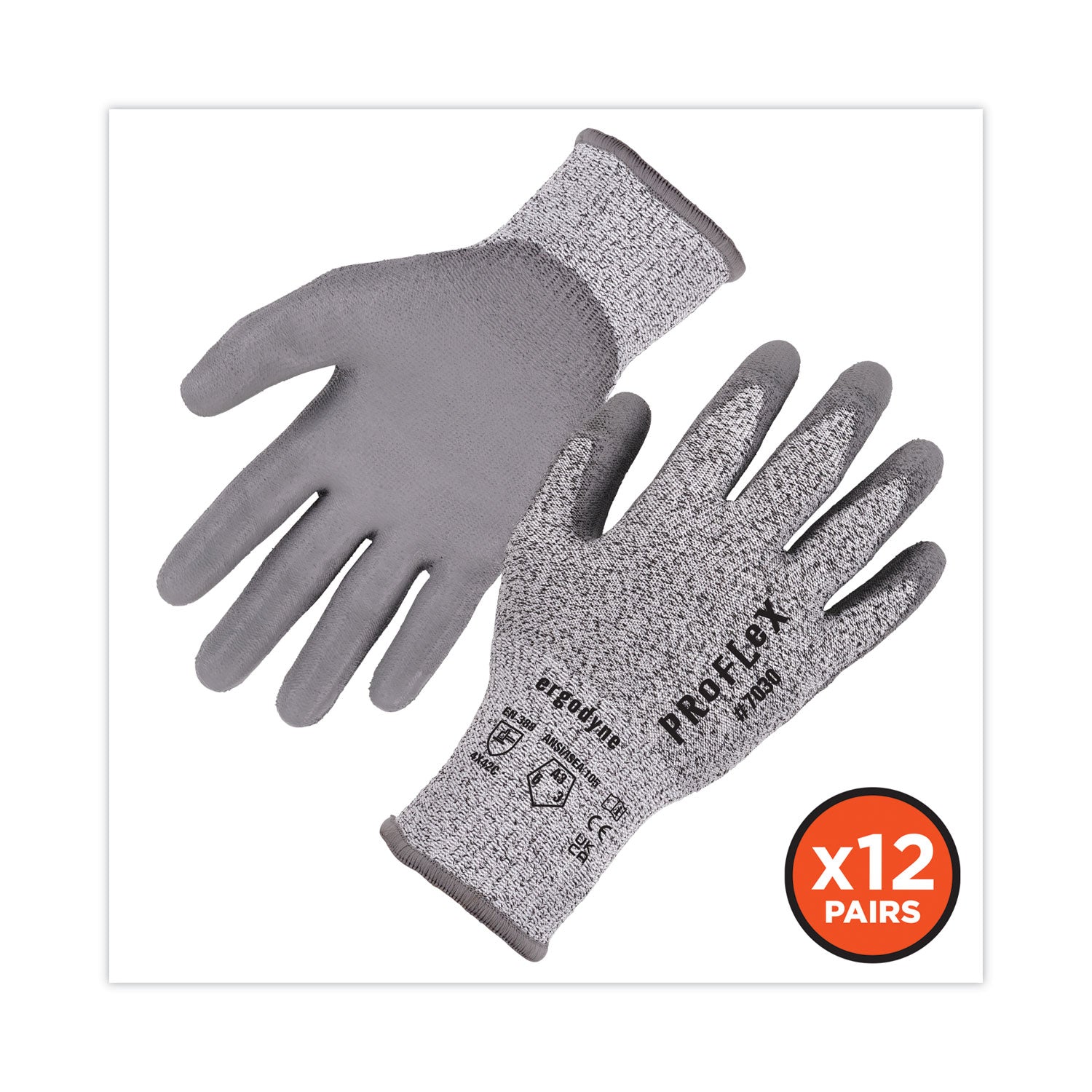 Ergodyne 7030 PU-Coated Cut-Resistant Gloves, Medium, Gray, HPPE/Nylon Spandex, Polyurethane Palm, Touchscreen Capable, 2 Pairs per Pack