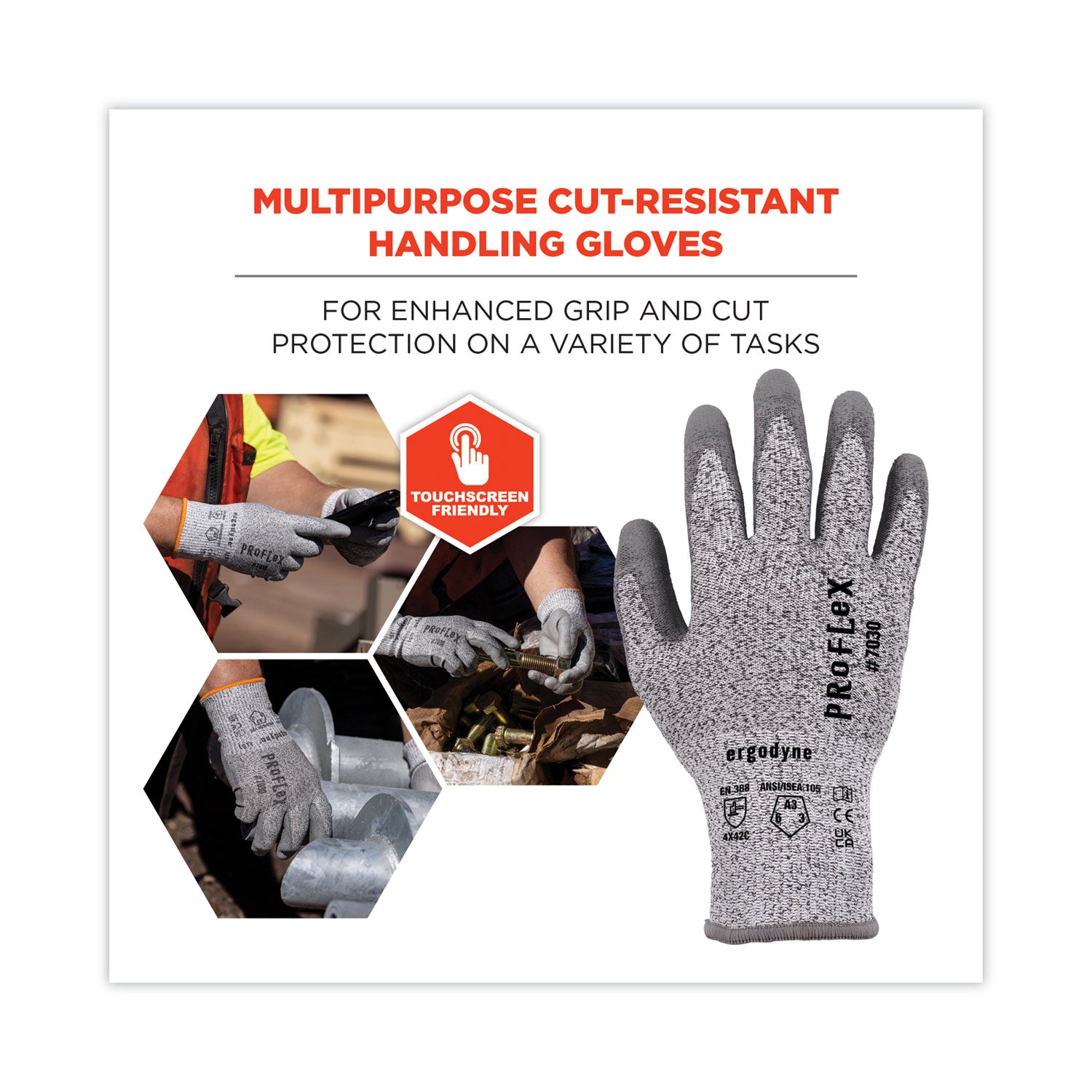 ProFlex 7030 ANSI A3 PU Coated CR Gloves, Gray, Medium, Pair