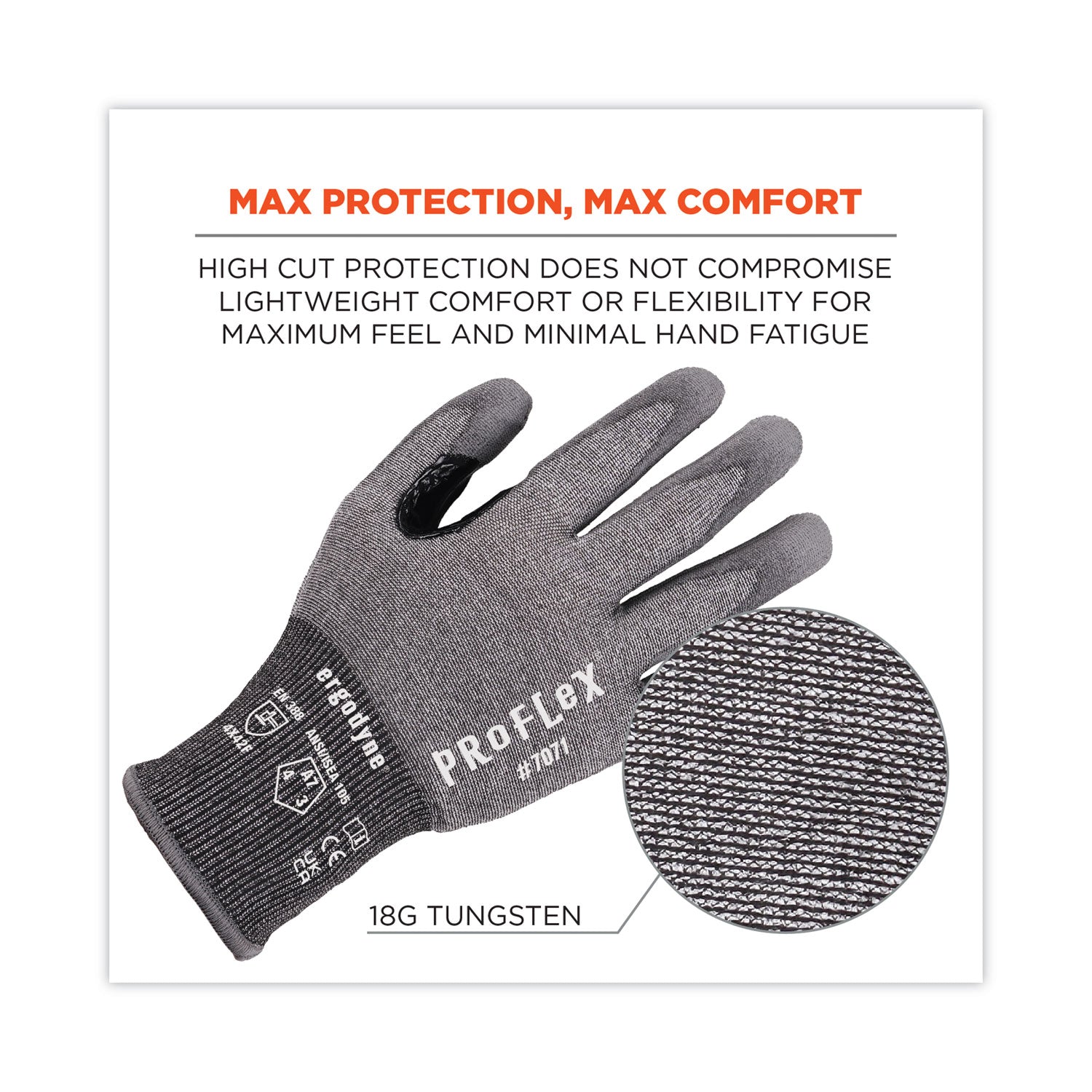 Ergodyne ProFlex 7071 PU-Coated Cut-Resistant Gloves, XXL, Gray, ANSI A7, 18-Gauge HPPE, Touchscreen Capable, Reinforced Thumb Saddle, Machine Washable, 2 Pairs per Pack
