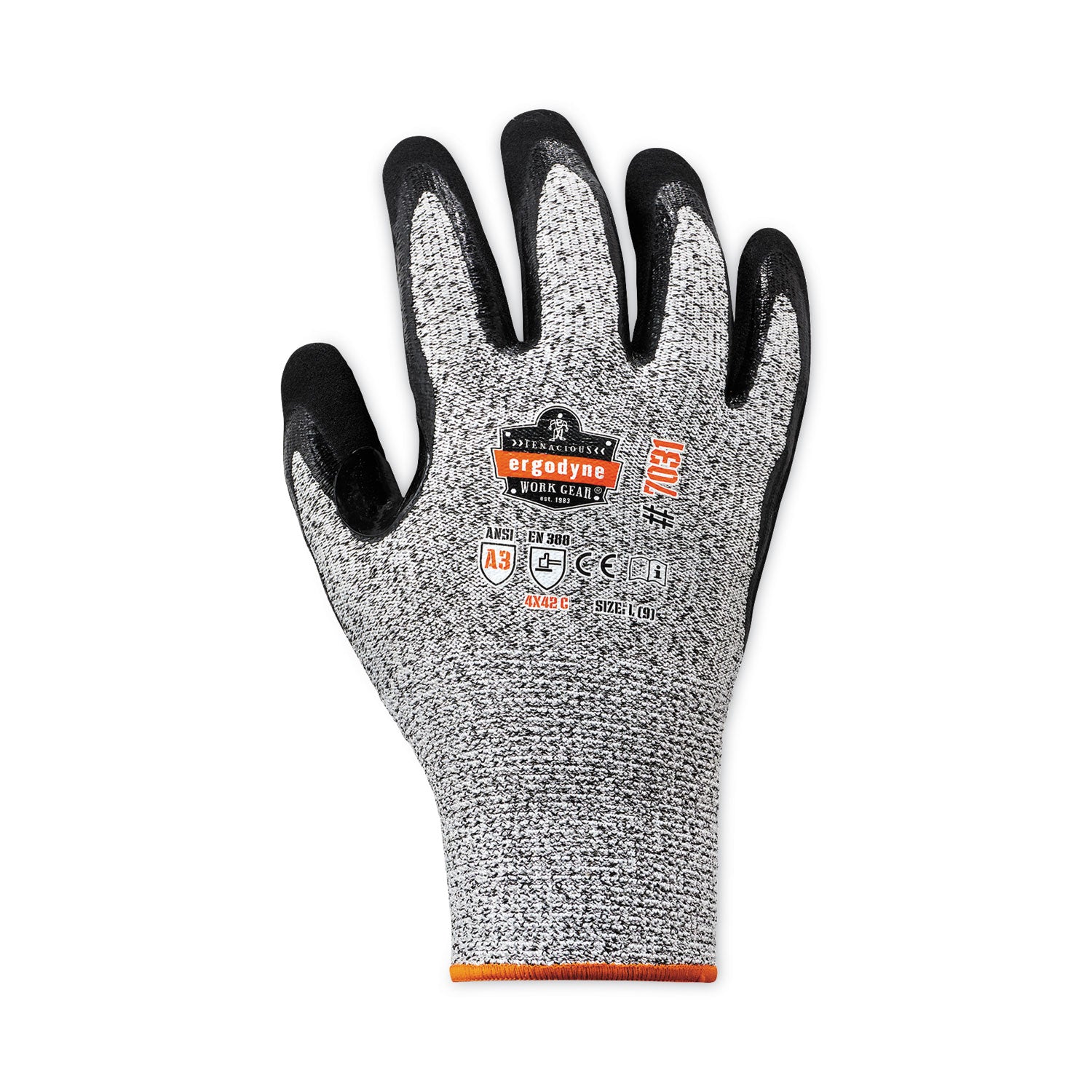 Ergodyne ProFlex 7031 Nitrile-Coated Cut-Resistant Gloves, A3 Level, Large, Gray, 2/Pair, 12 Pairs per Carton, 2" Thickness, 10" Length, Seamless Knit Wrist, Abrasion & Puncture Resistant, Machine Washable