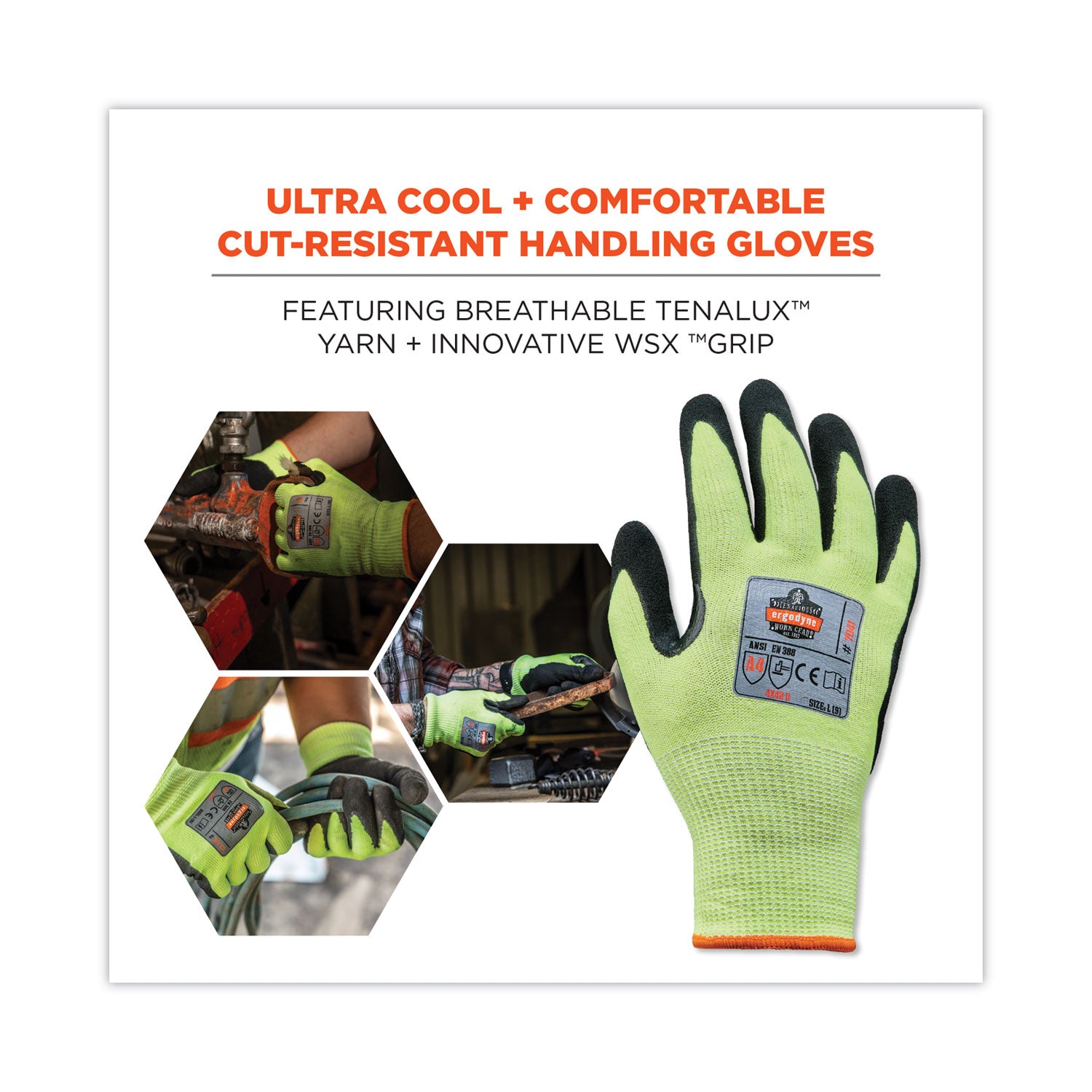 Ergodyne ProFlex 7041 Hi-Vis Nitrile-Coated Level 4 Cut Gloves, Large, Lime, 1.75" Thick, 10" Length, 2/Pair, 144 Pairs/Carton