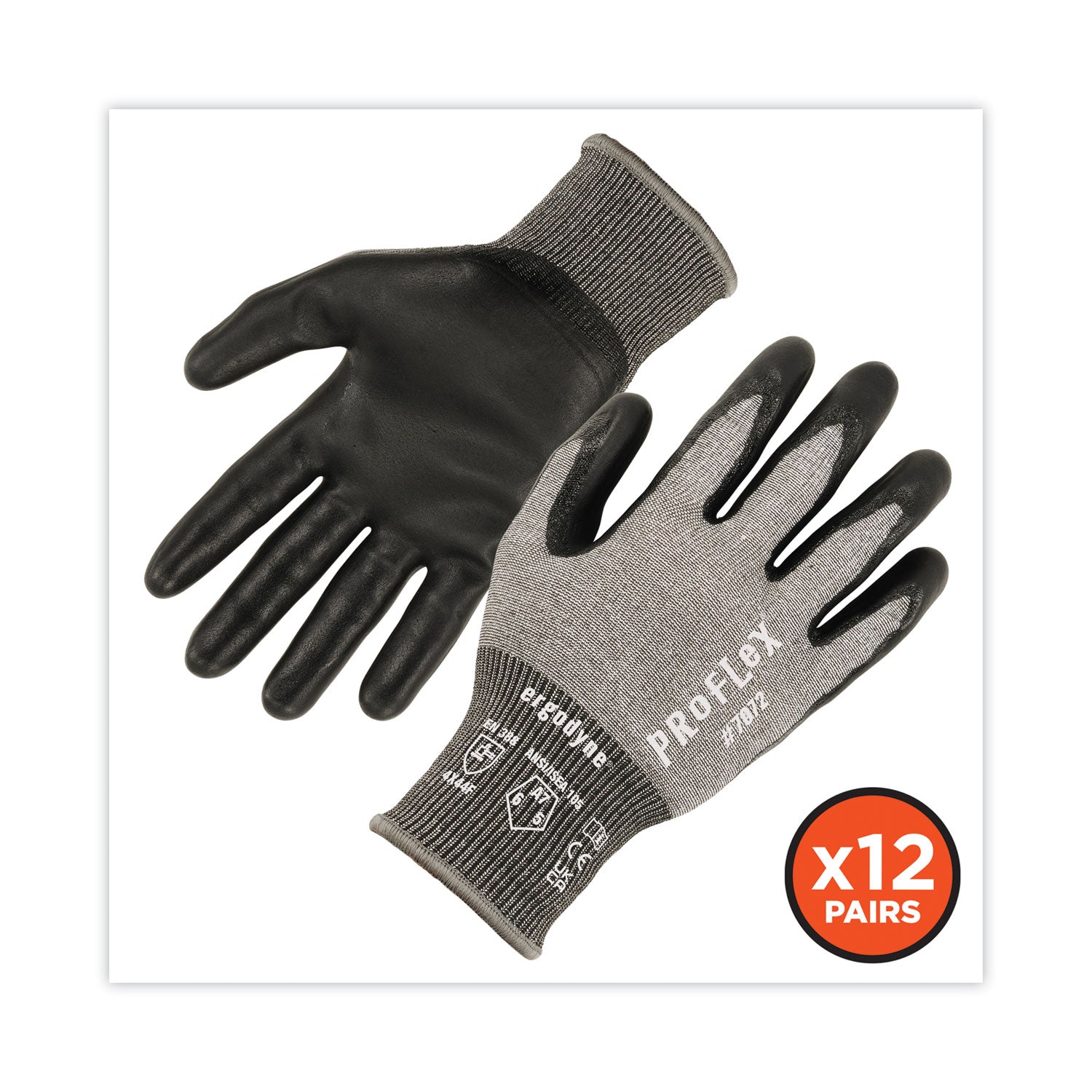 Ergodyne ProFlex 7072 Nitrile-Coated Cut-Resistant Gloves, Medium, Gray, ANSI A7, 18-Gauge, Dual Layer, Machine Washable, Non-slip, Breathable, 2 Pairs per Pack