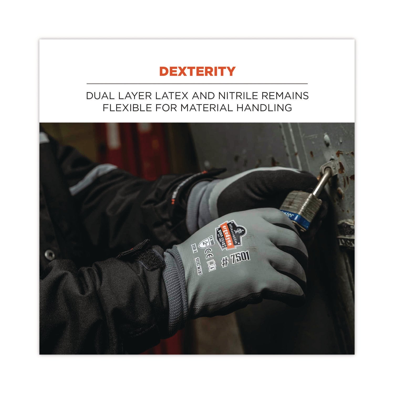 Ergodyne ProFlex 7501 Coated Waterproof Winter Work Gloves, Large, Gray, Nitrile & Latex Coating, 1.75" Thick, 10.50" Length, 2 Pairs per Pack, 12 Packs per Carton