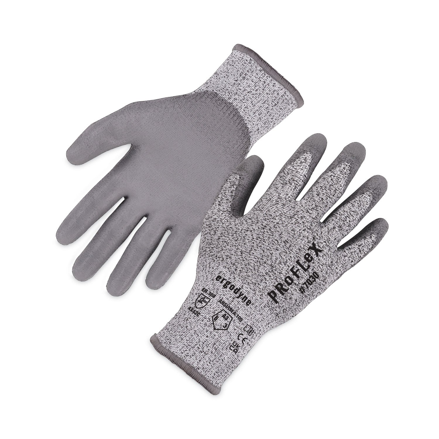 Ergodyne 7030 PU-Coated Cut-Resistant Gloves, Medium, Gray, HPPE/Nylon Spandex, Polyurethane Palm, Touchscreen Capable, 2 Pairs per Pack